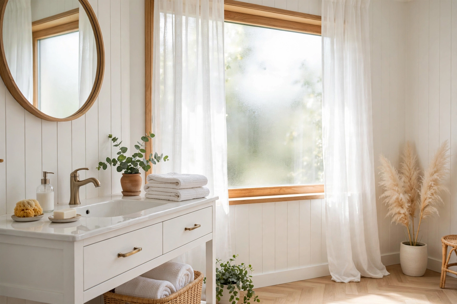 Bright bathroom flooded with natural daylight from a frosted window with sheer treatments.