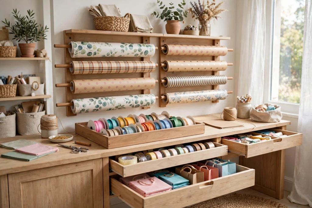Gift-wrap station with vertical paper roll slots on dowels and drawers of ribbon and gift bags.