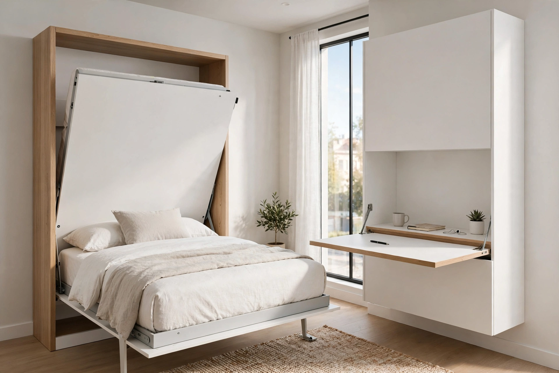 Modern fold-down Murphy wall bed with desk in a small studio bedroom