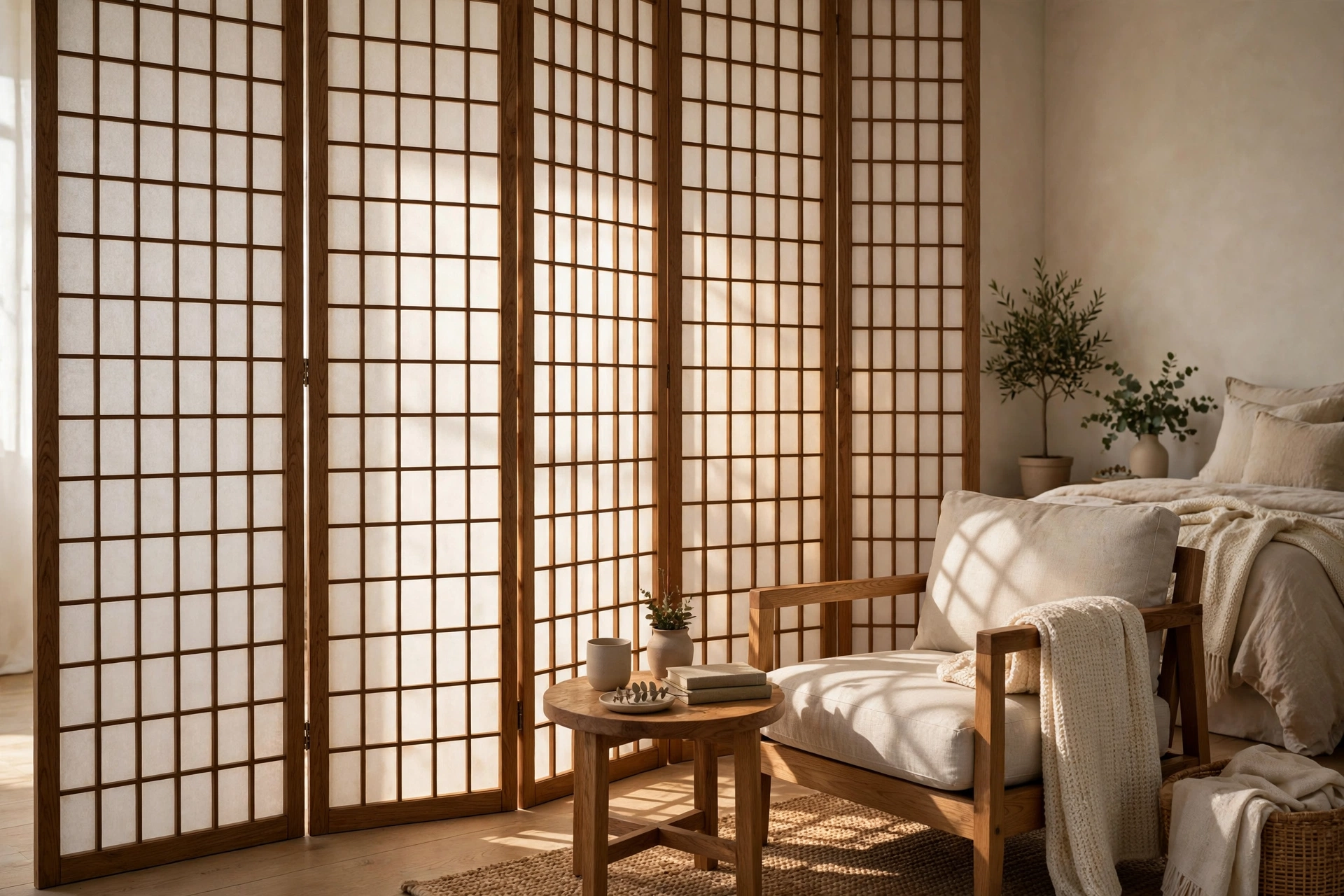 Wooden shoji screen divider zoning a calm Japandi bedroom corner