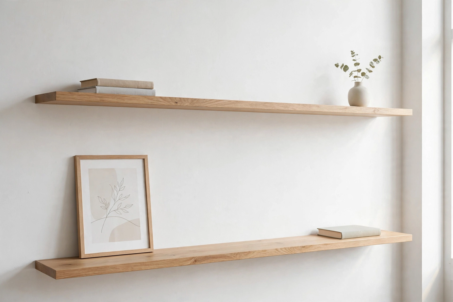 Two floating oak shelves styled sparingly with books, vase and art print on a white wall