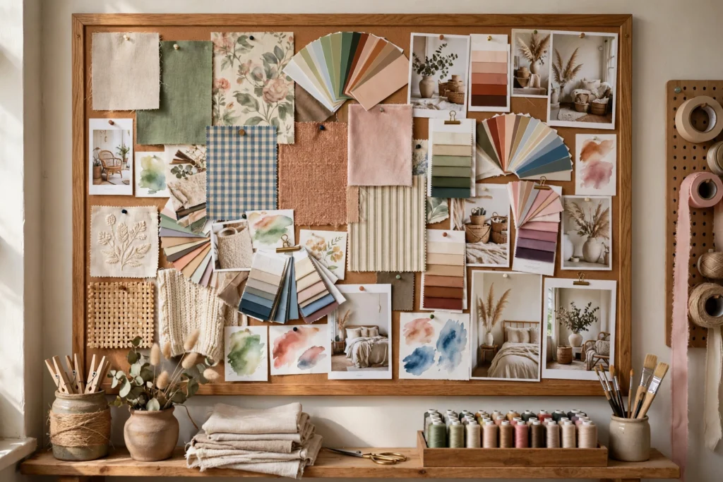Craft room inspiration wall with bulletin board of mood boards, swatches, and clipped ideas.