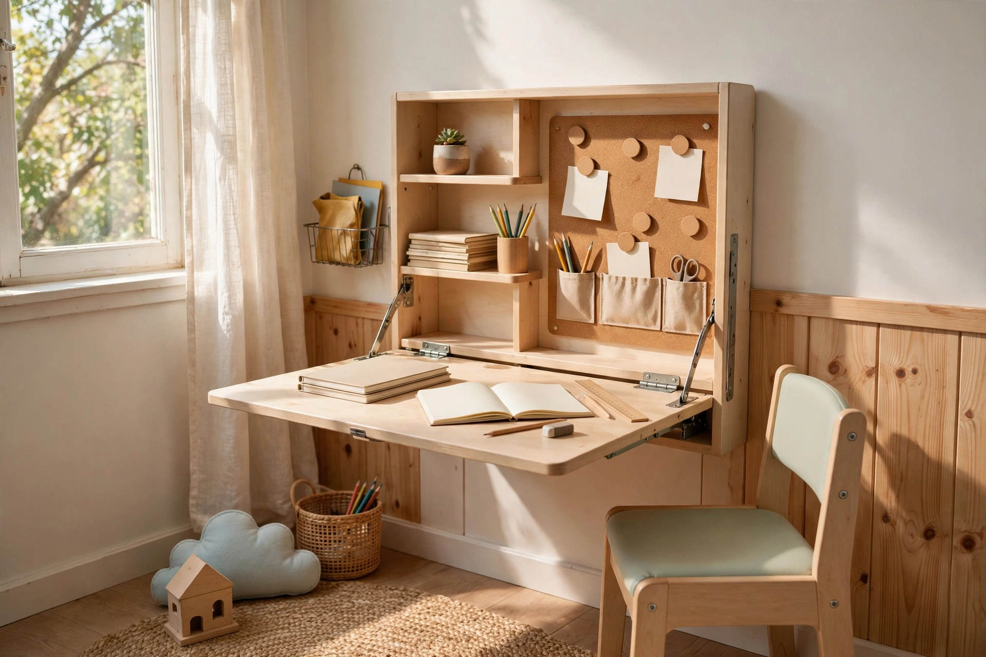 A homeschool room with a fold-down wall desk open to reveal shelves, a corkboard, and a writing surface.