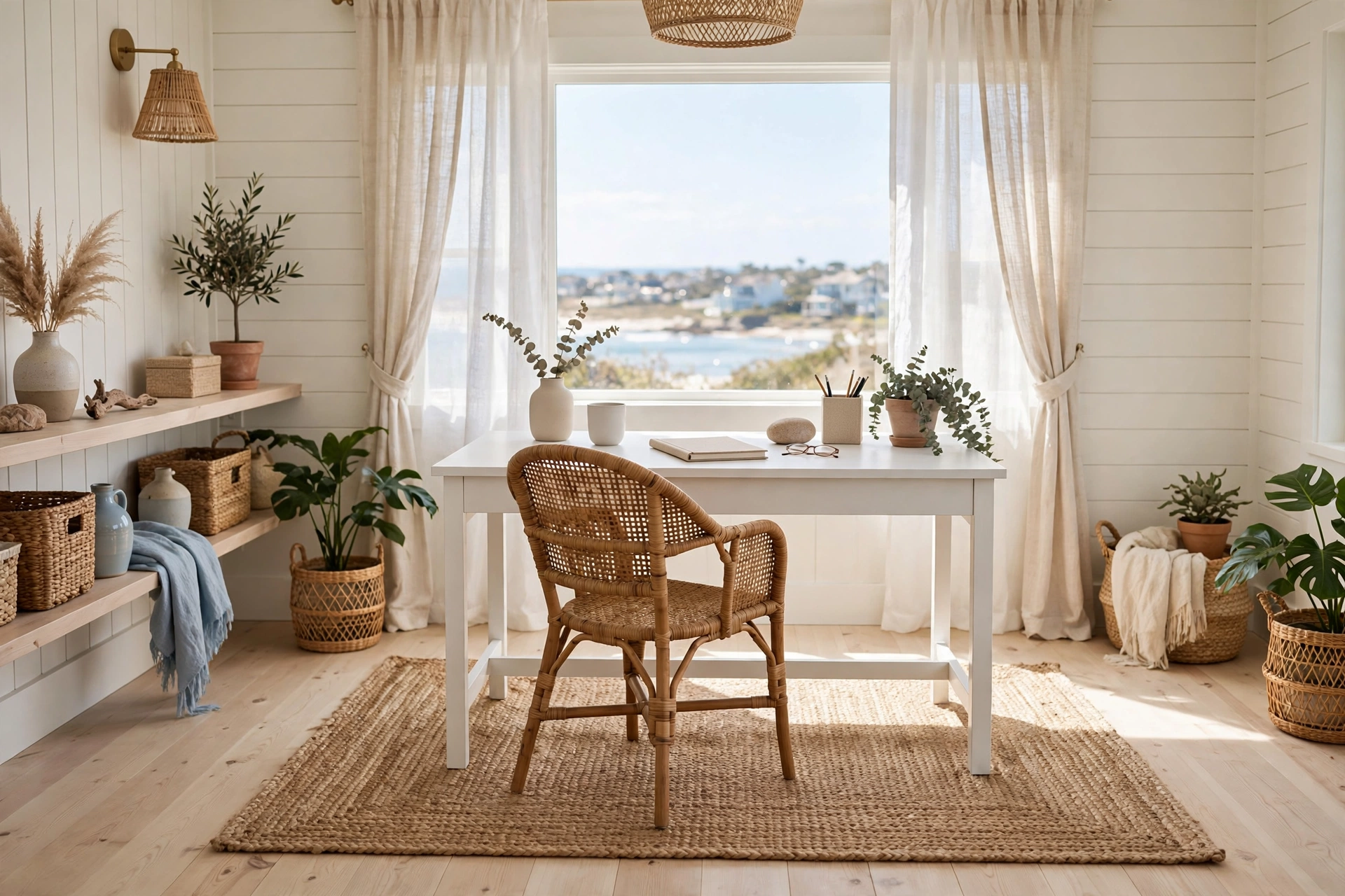 A coastal home office with a natural jute rug grounding the desk and chair area.