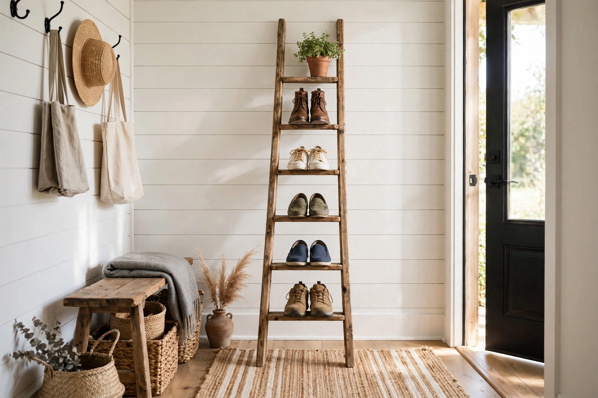 An entryway shoe storage ladder leaned against the wall with shoes arranged on its rungs.