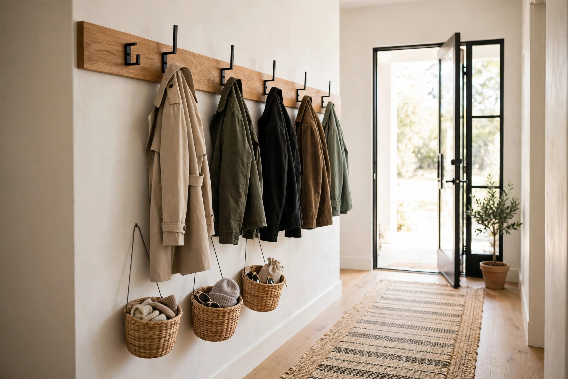 A hallway storage rail with sturdy coat hooks and small hanging baskets for accessories.