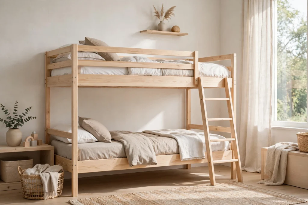 A bunk bed room with a natural wood Scandinavian bunk and muted minimalist bedding.