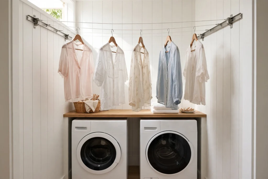 Laundry closet ideas with a retractable clothesline strung across the closet holding freshly washed delicates.