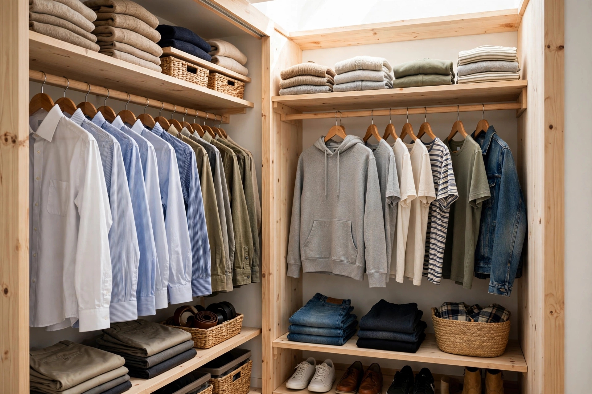 Reach-in closet ideas with clothing zoned by category on matching hangers for work, casual, and occasion wear.