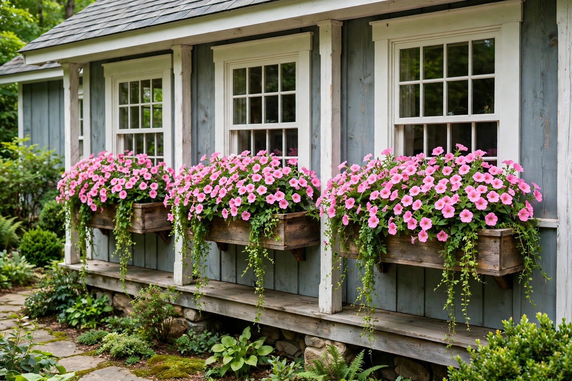 Front porch decorating ideas with flower-filled window boxes of petunias and trailing vines under porch windows.