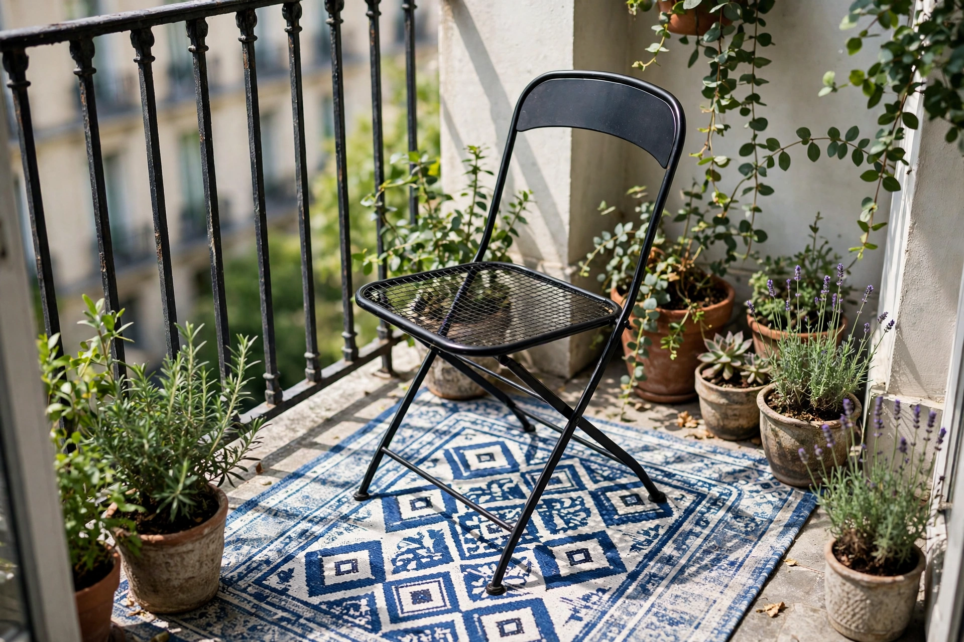 Balcony decor ideas with a patterned outdoor rug anchoring the seating area on a small balcony.