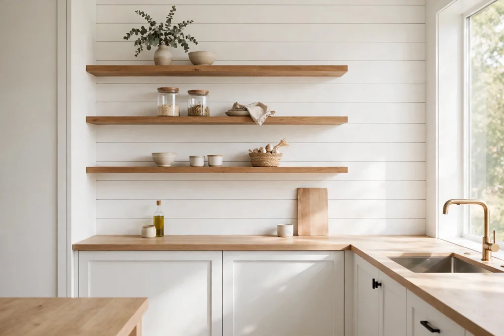 White shiplap accent wall behind open shelving in a modern farmhouse kitchen
