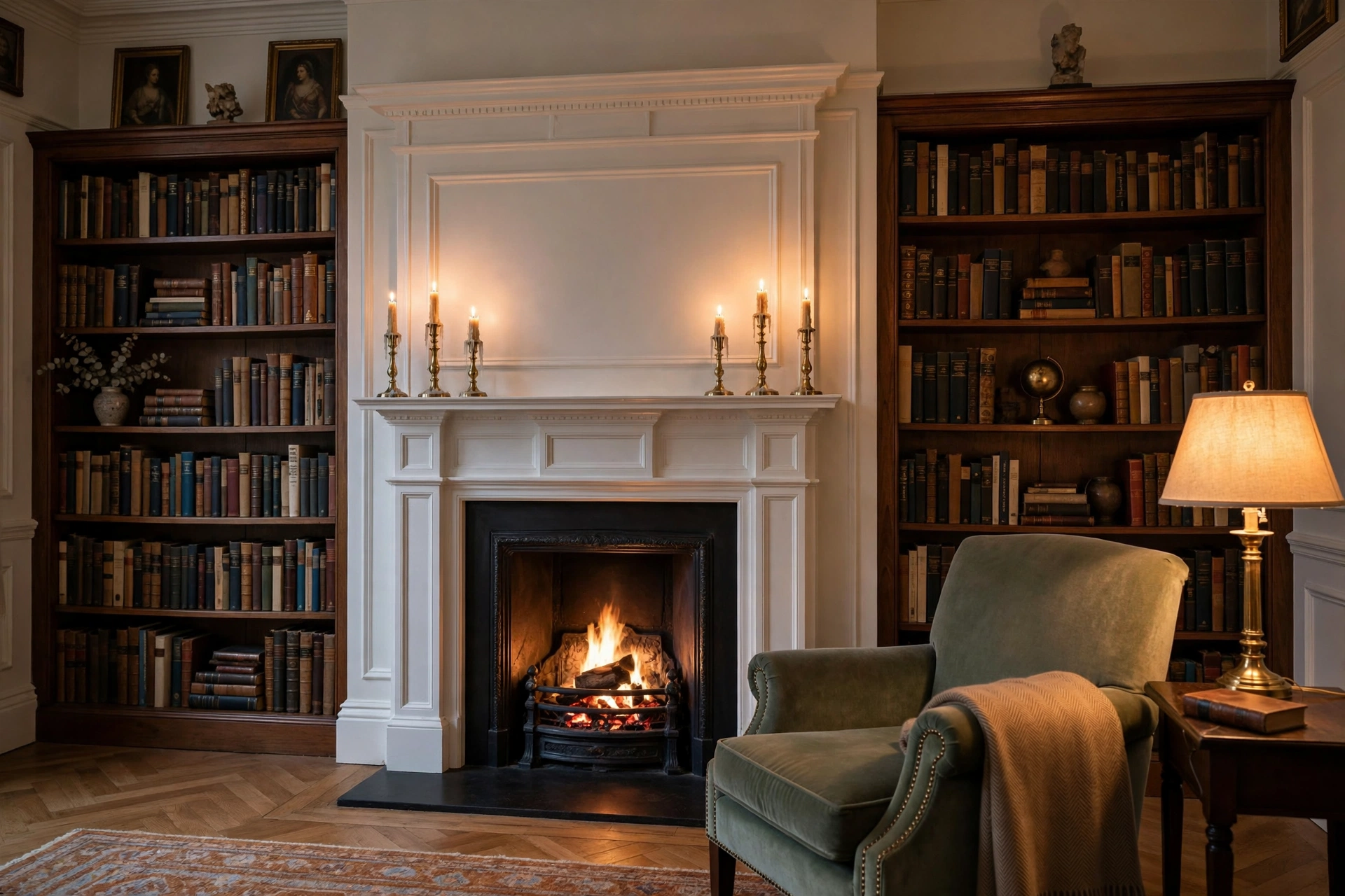 Home library design ideas featuring a classic fireplace with a mantel styled with candles beside bookshelves.