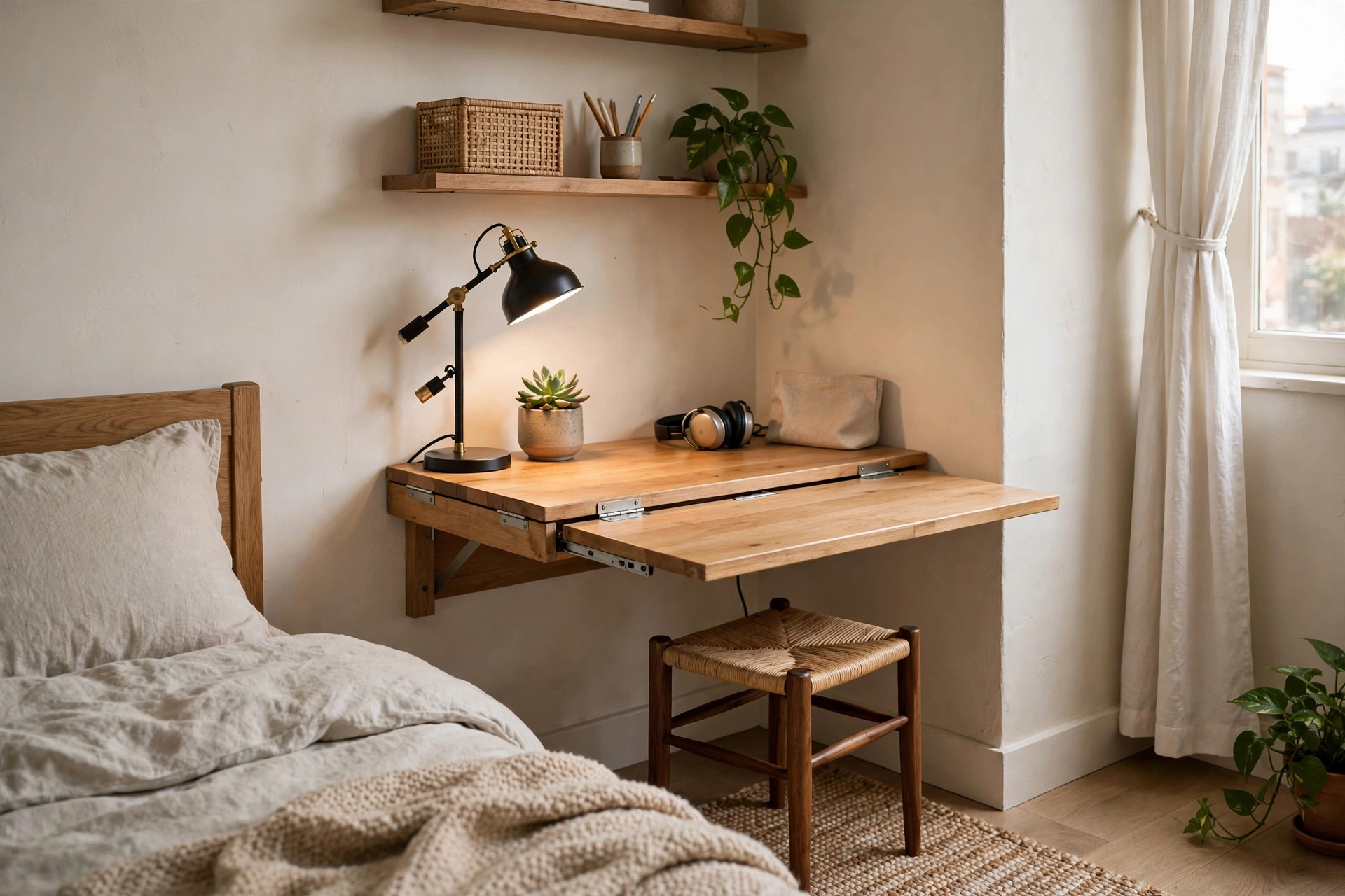 Compact fold-away desk nook in a small apartment bedroom corner