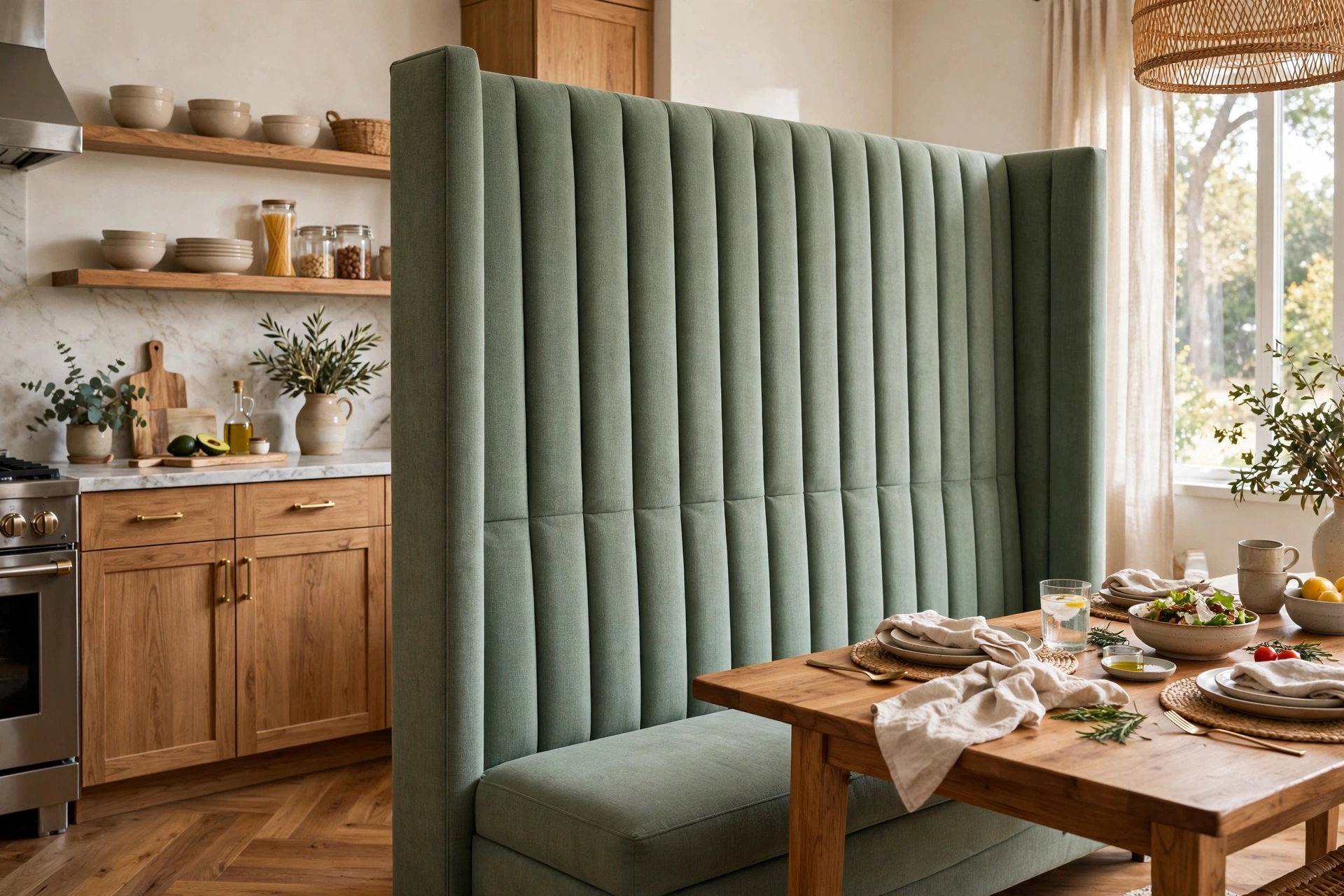 Tall upholstered booth back on kitchen banquette seating