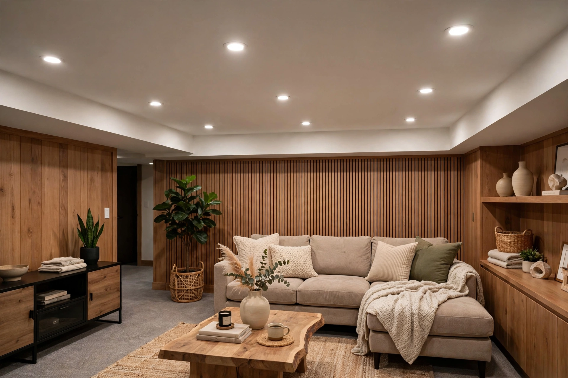 Basement living room with white painted ceiling and recessed lights lifting low ceilings
