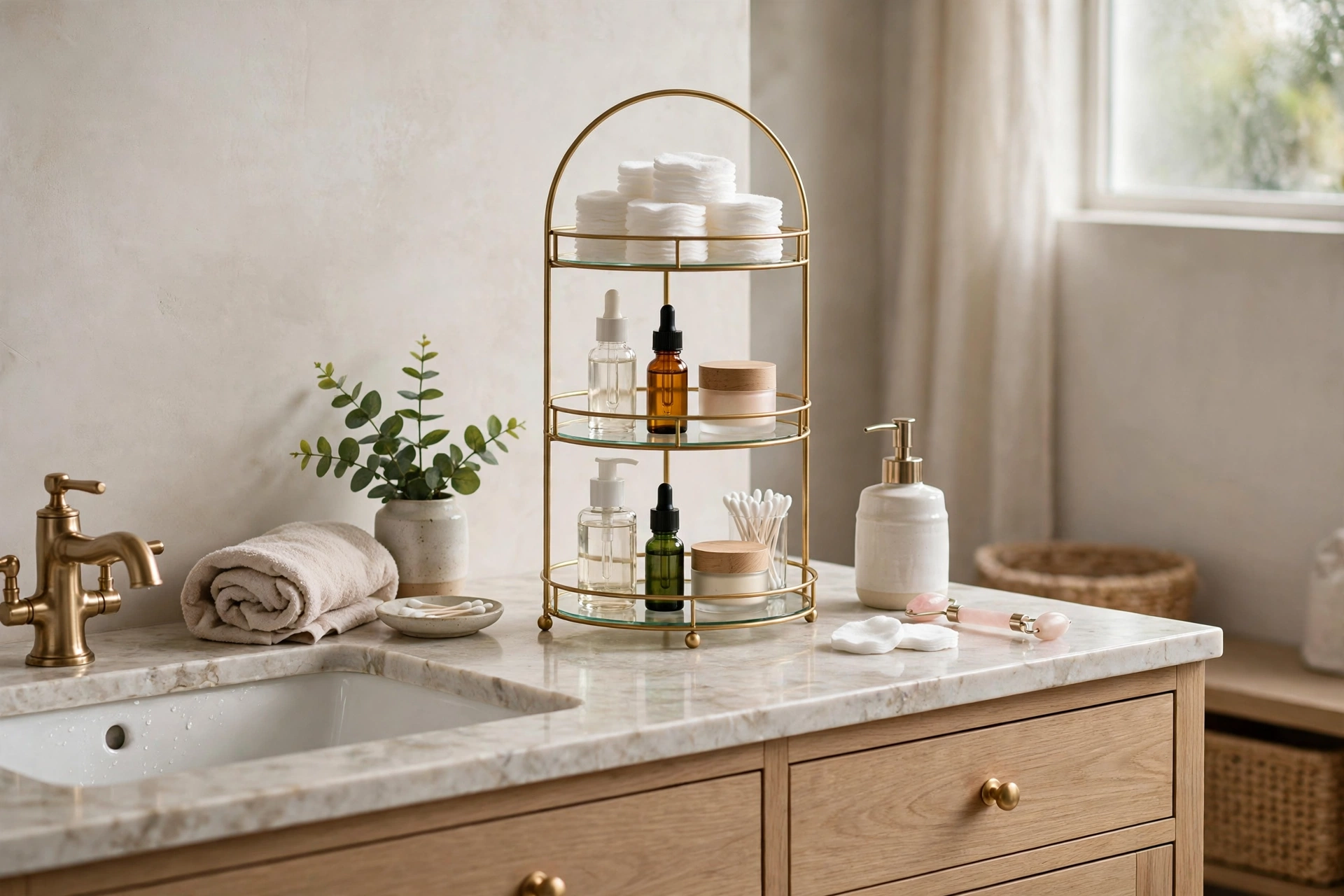 Three tiered stand on bathroom vanity organizing skincare and cotton pads