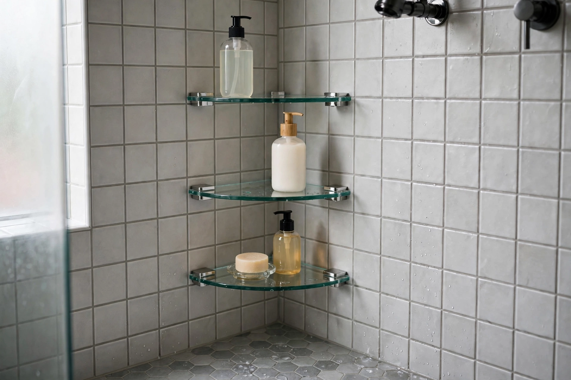 Glass corner shelves in tiled shower holding shampoo and soap bottles