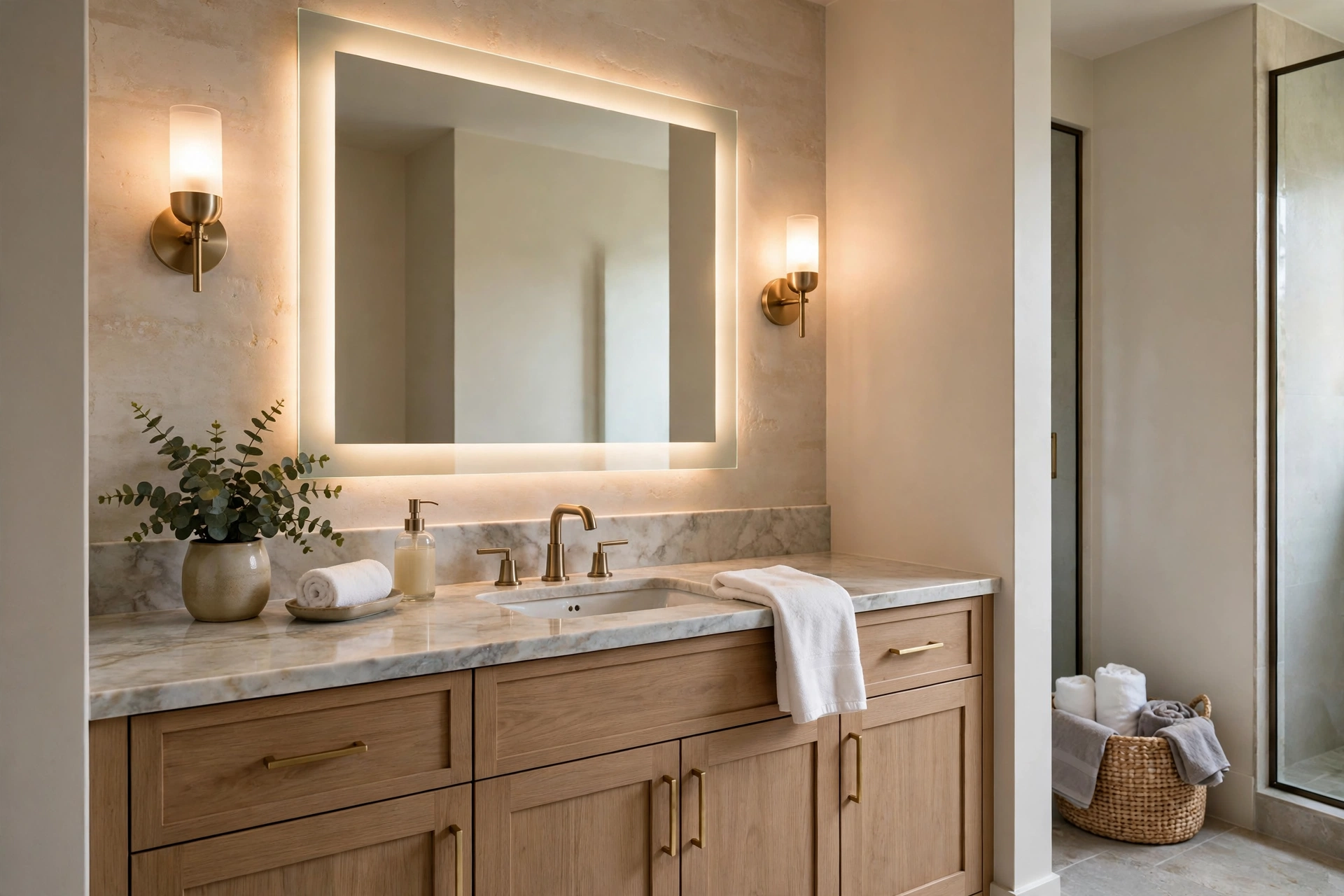 Bathroom vanity with backlit LED mirror and wall sconces
