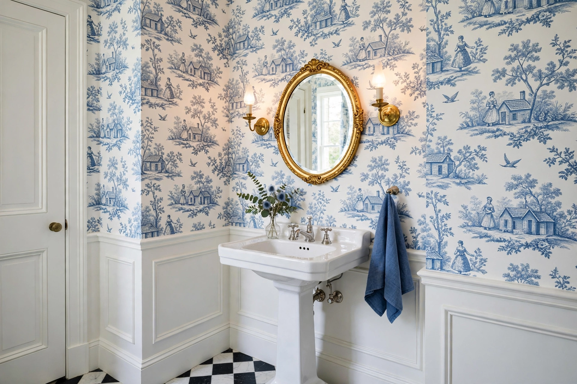 Blue and white toile de Jouy wallpaper in traditional powder room