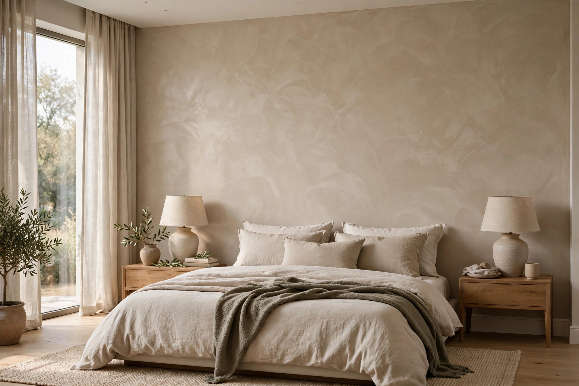Venetian plaster accent wall with subtle trowel texture in a luxury bedroom