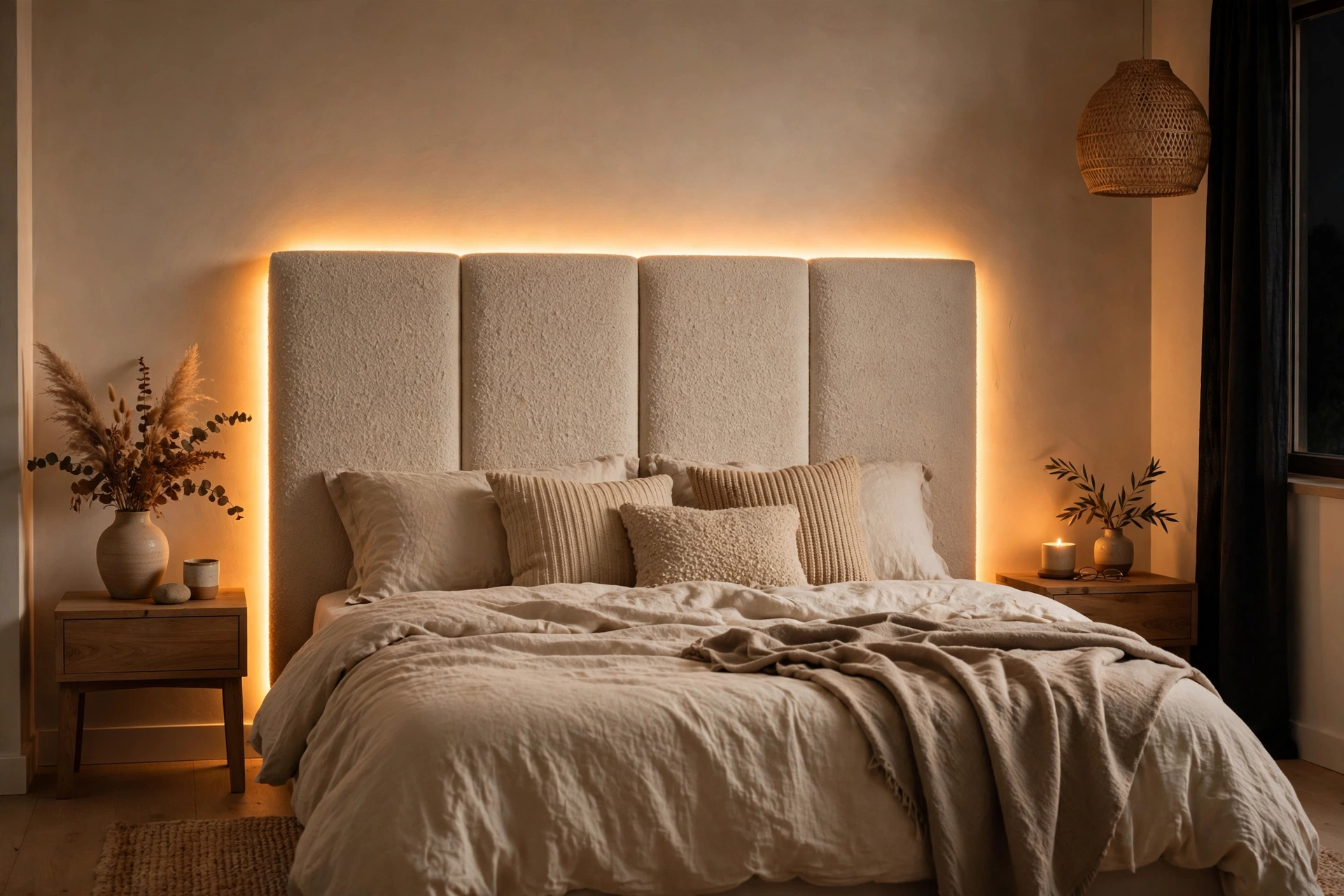 Warm LED strip lights glowing behind a headboard creating a halo effect