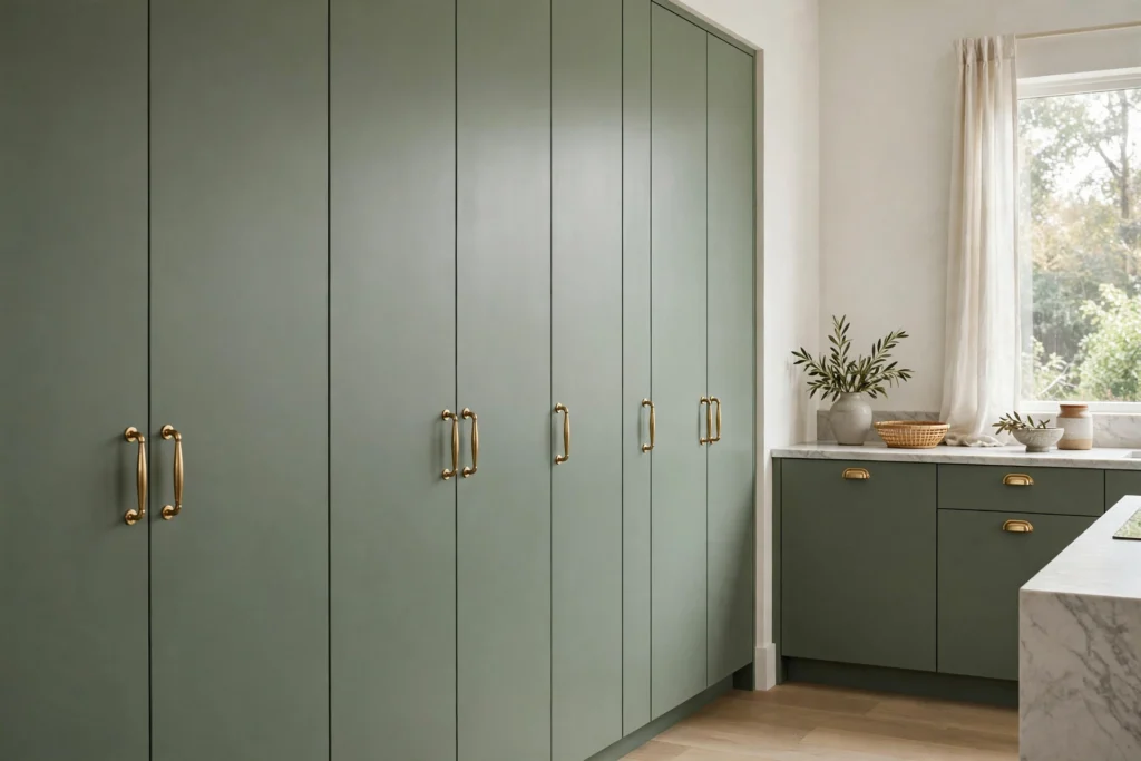 Floor-to-ceiling sage green pantry cabinets with brass pulls in a modern kitchen
