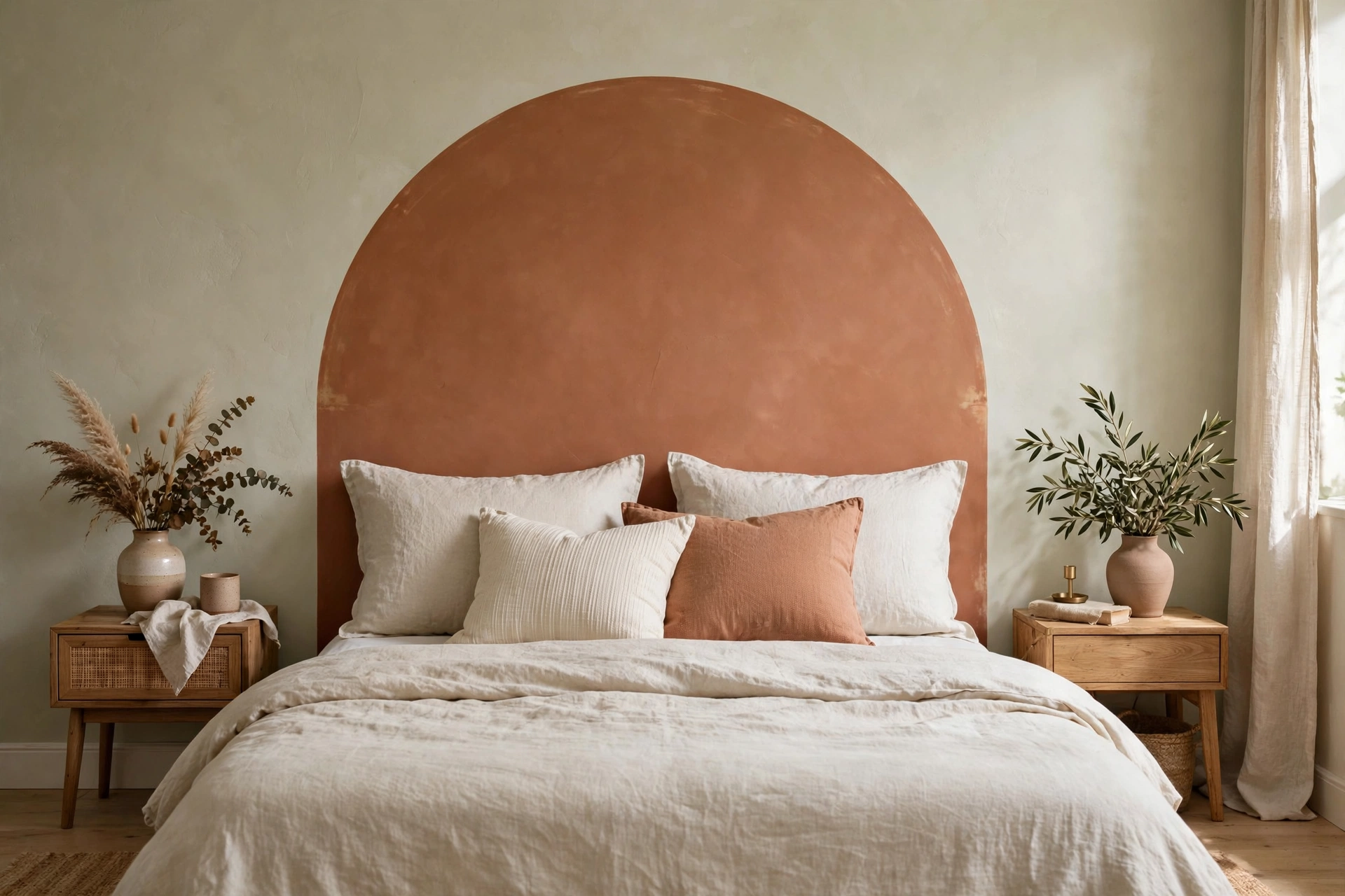 Painted arch faux headboard on the wall behind bed pillows