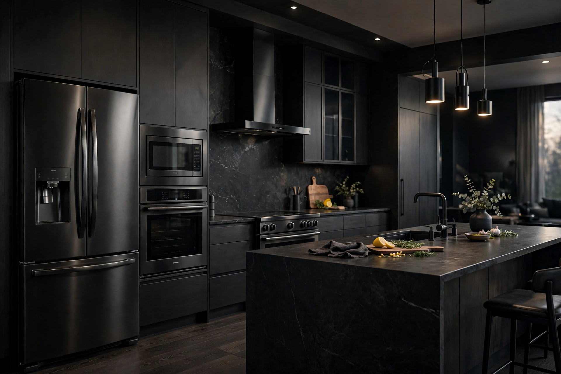 Black stainless steel appliances in a modern dark kitchen design