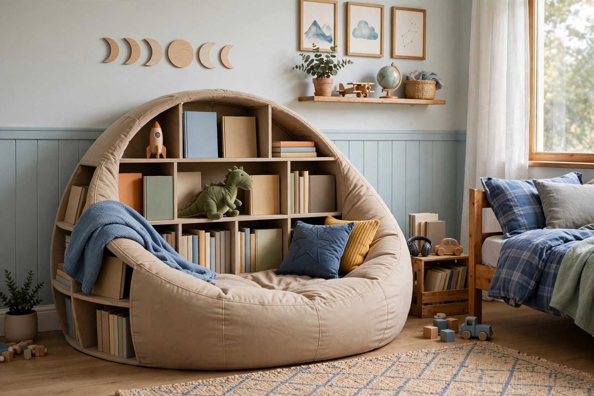 Cozy reading corner in boys bedroom with bean bag bookshelf