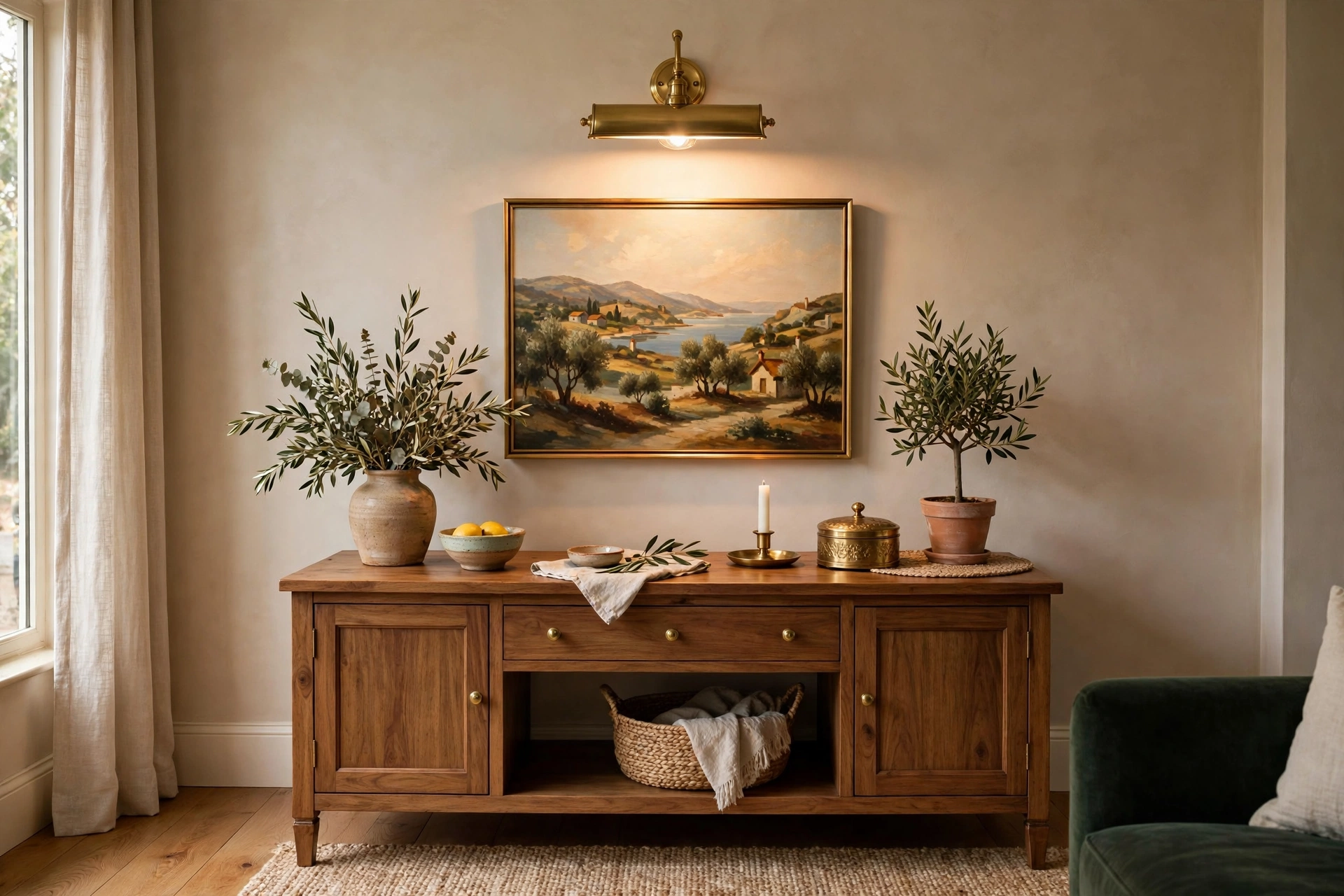 Brass picture light illuminating artwork above buffet