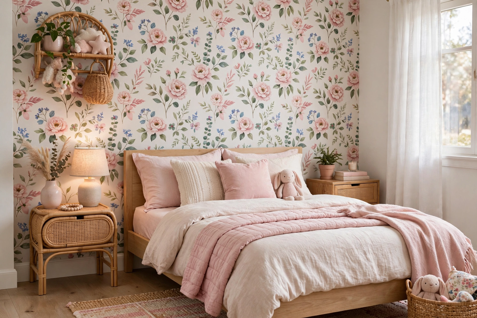 Floral peel and stick wallpaper accent wall in girls bedroom