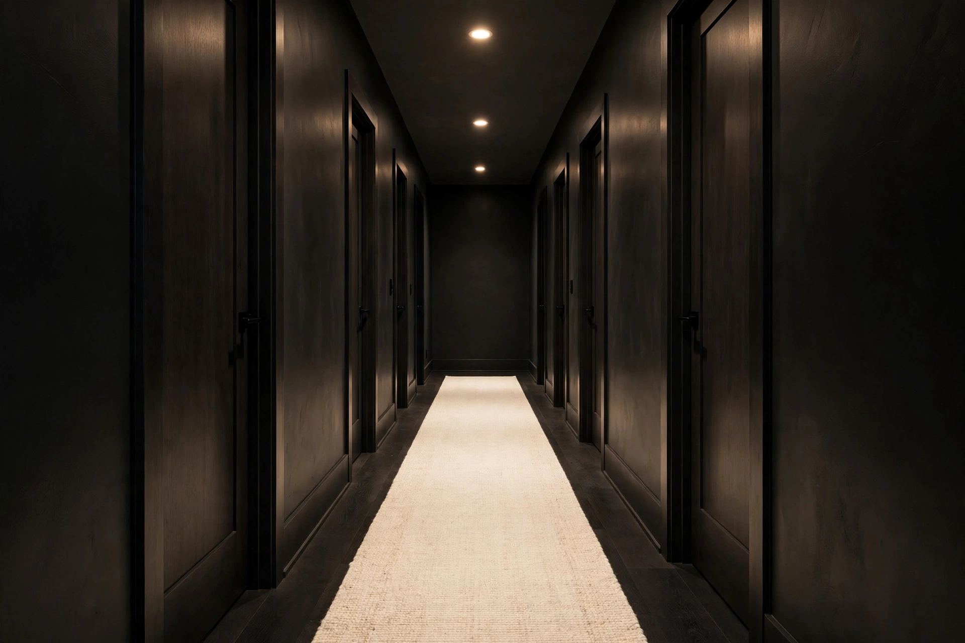 Light cream runner rug brightening a dark windowless hallway corridor