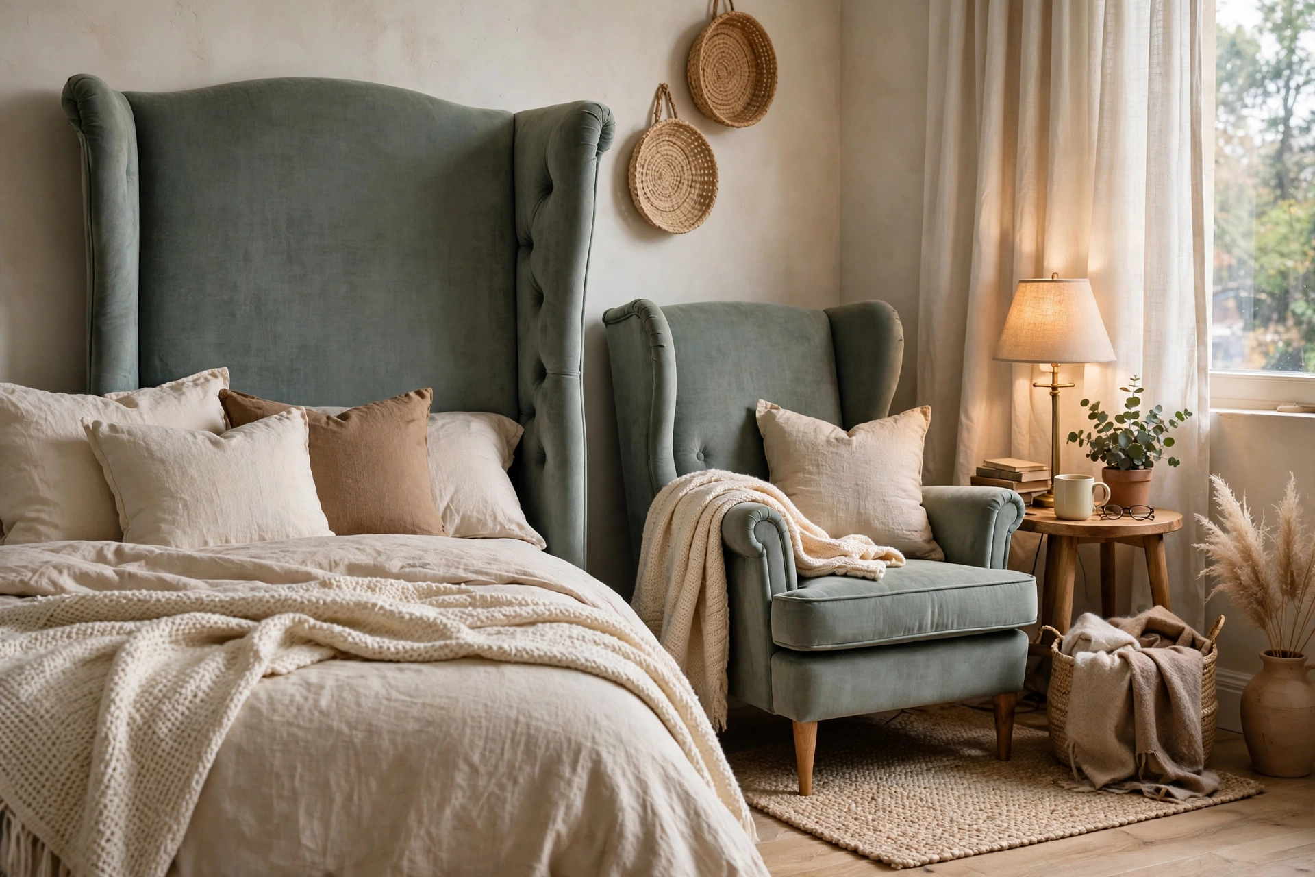 Wingback headboard creating a cozy reading nook in a bedroom