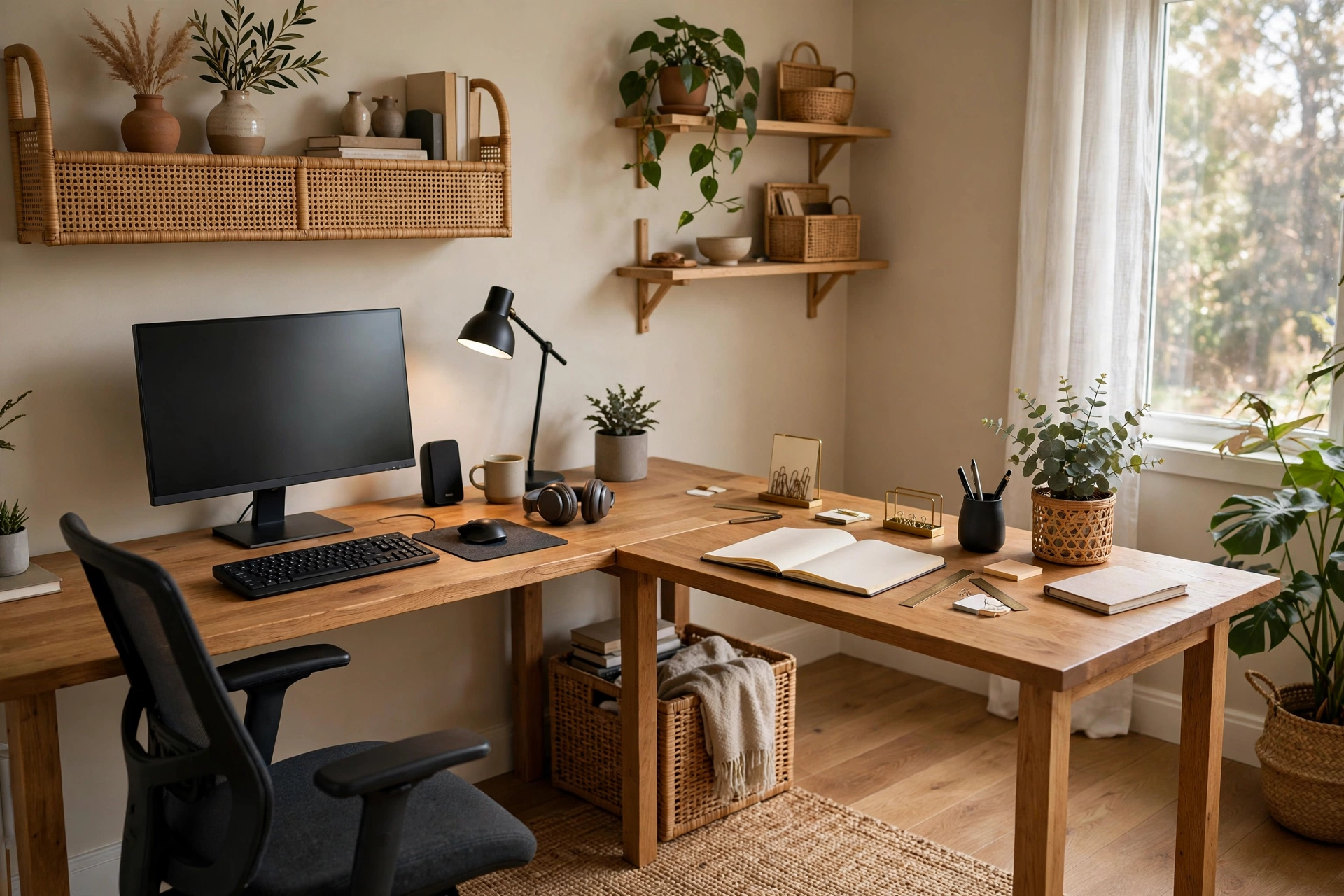 L shaped corner desk with computer zone and writing space in home office