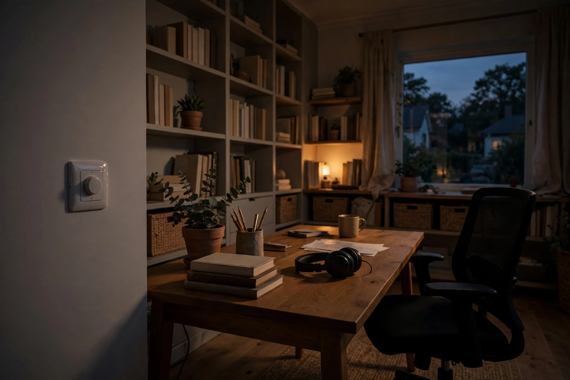Dimmer switch controlling warm low lighting in home office at dusk