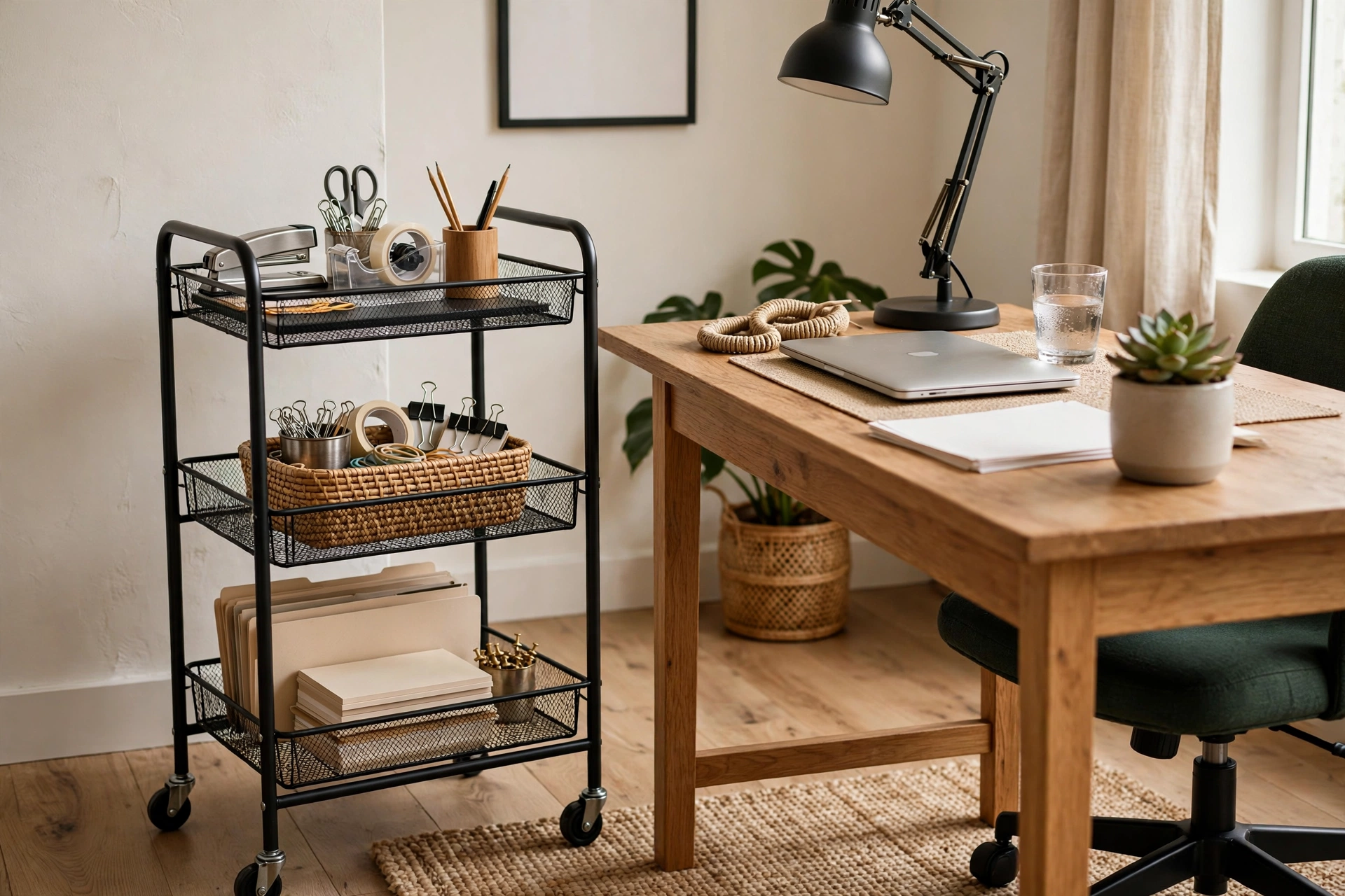 Three tier rolling cart with office supplies beside desk
