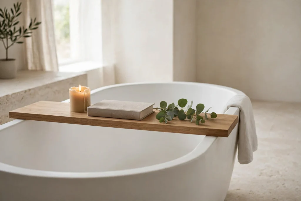Wooden bath tray with candle, book and eucalyptus across a white freestanding tub