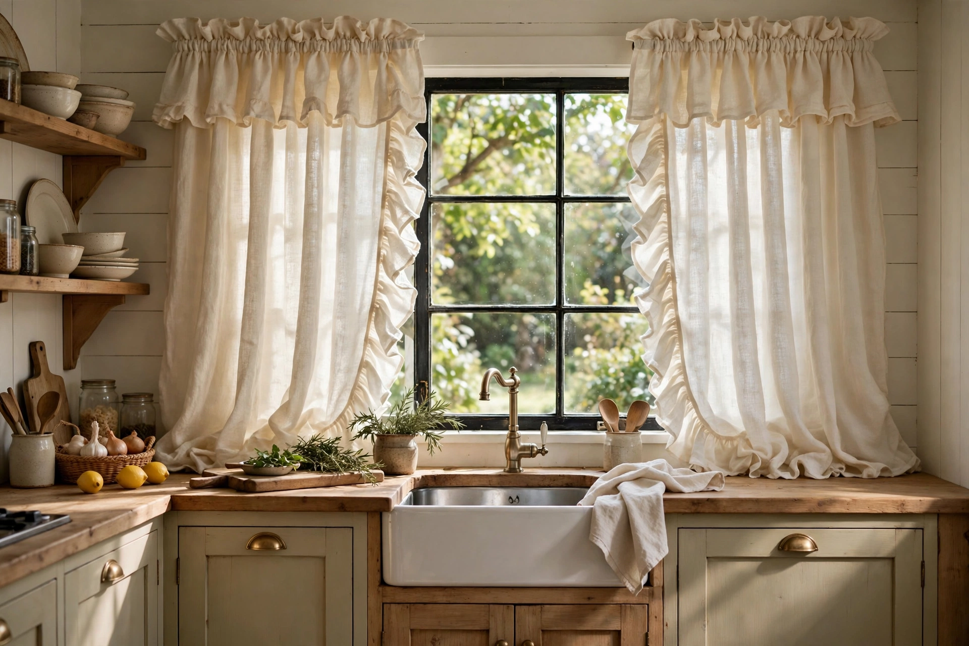 Ruffled farmhouse curtain panels softening a cottage kitchen window