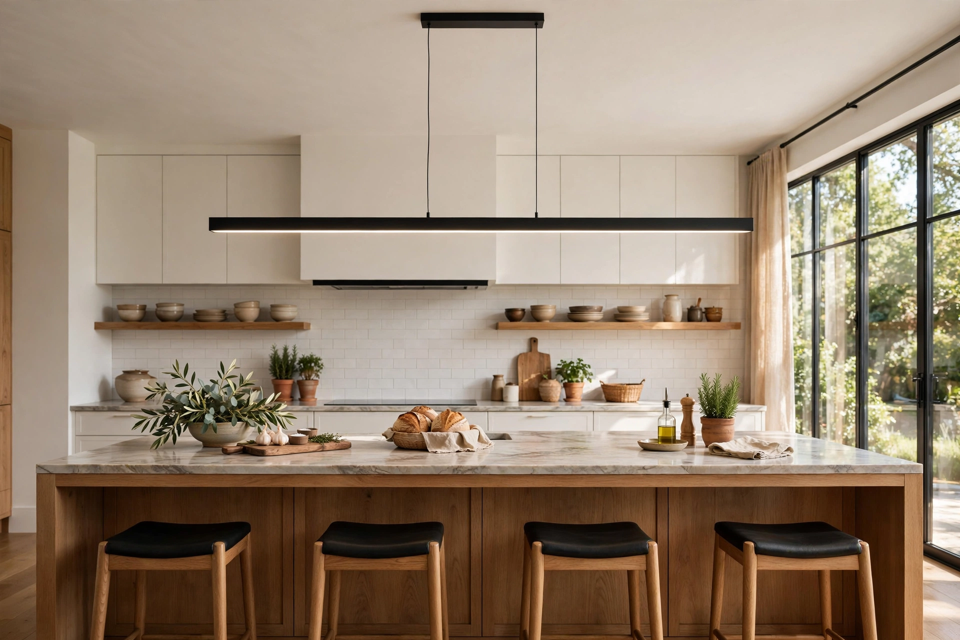Long linear pendant light fixture centered over an extra-long kitchen island