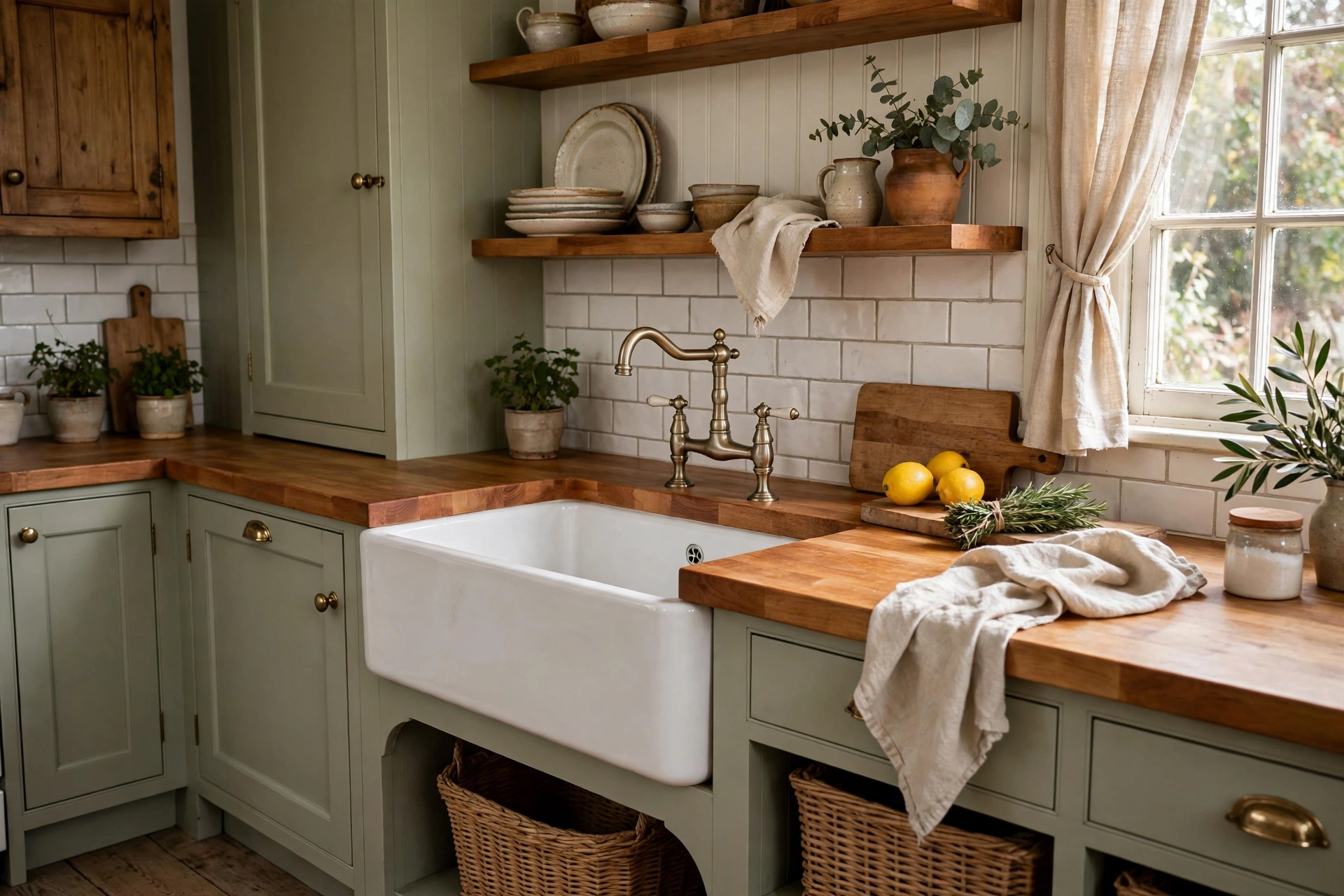 White fireclay sink paired with warm butcher block countertops in cottage kitchen