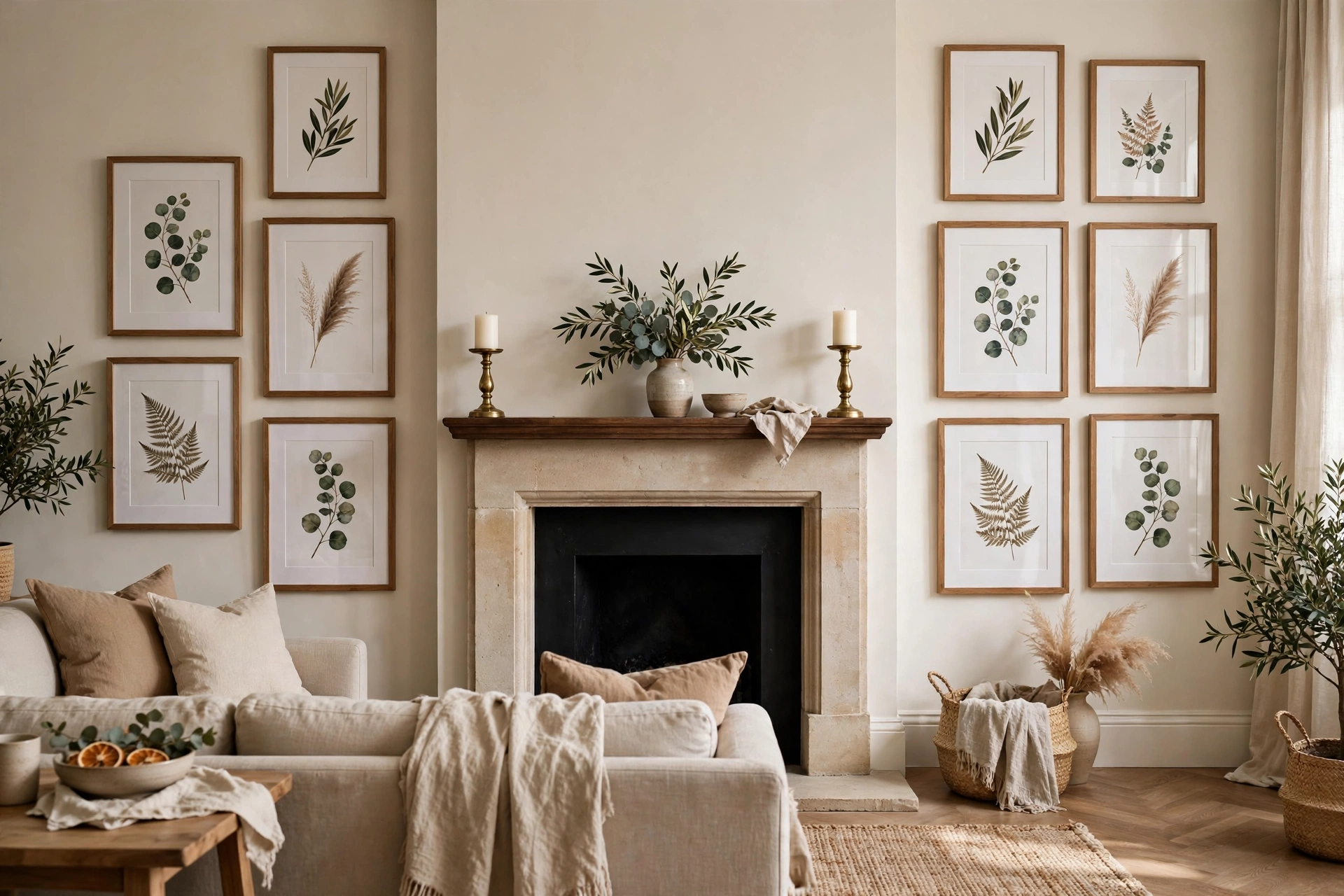 Gallery wall arranged symmetrically around living room fireplace mantel