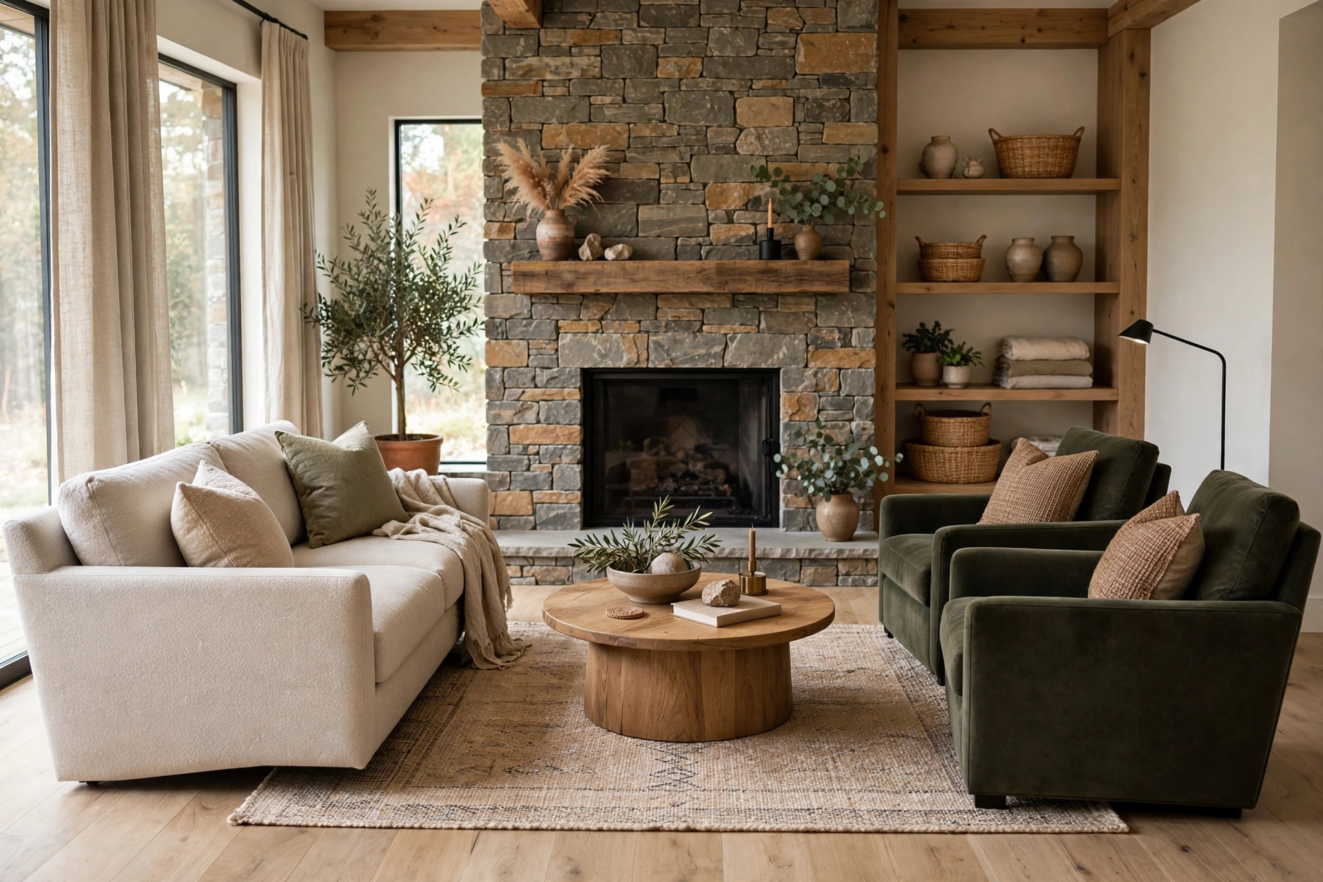 Living room layout with seating angled toward a stone fireplace
