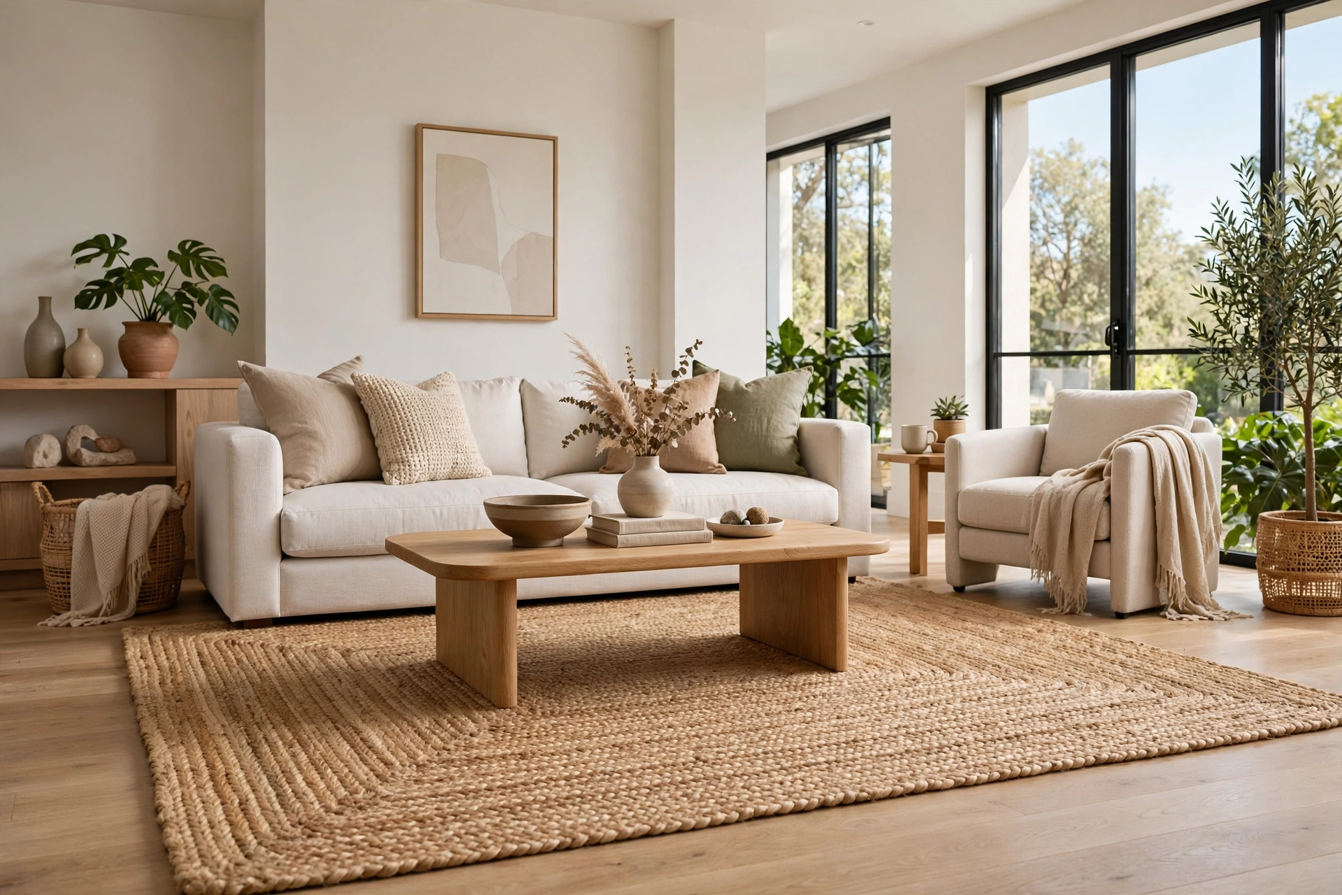 Natural jute living room rug grounding a bright modern space