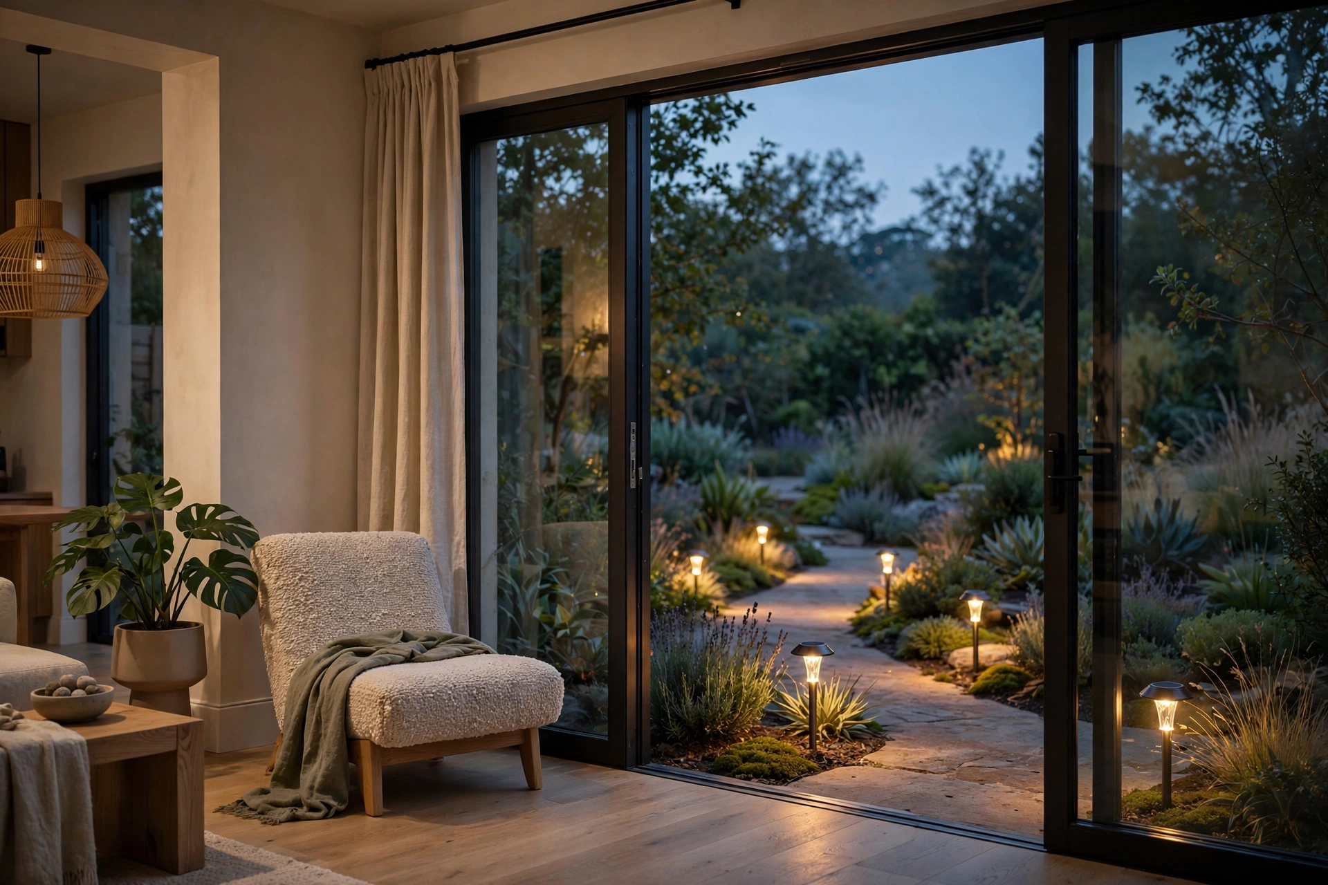 Solar path lights glowing along garden walkway at dusk