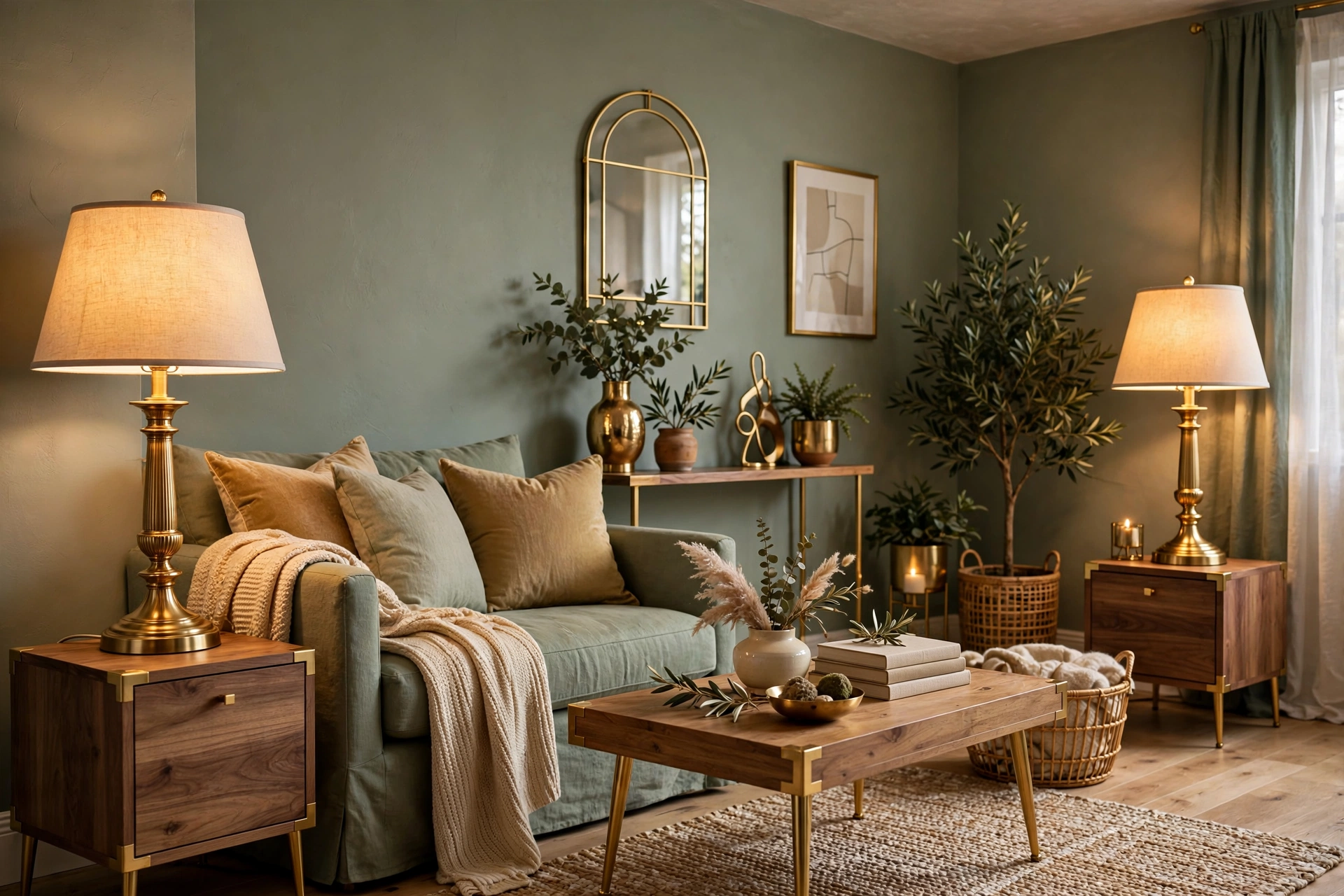 Brass table lamps and gold accents warming a sage green living room