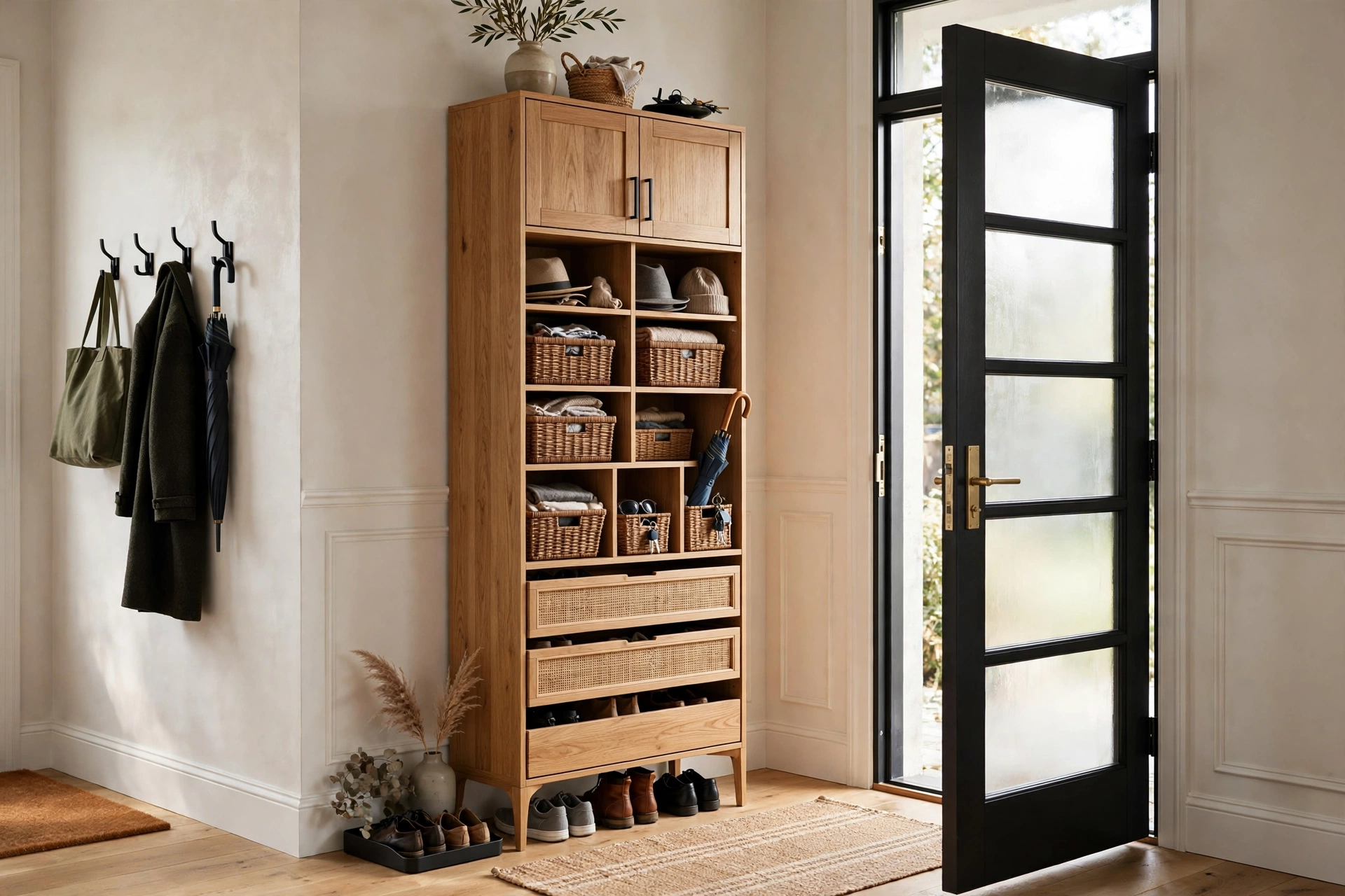 Tall narrow cabinet maximizing vertical storage in entryway
