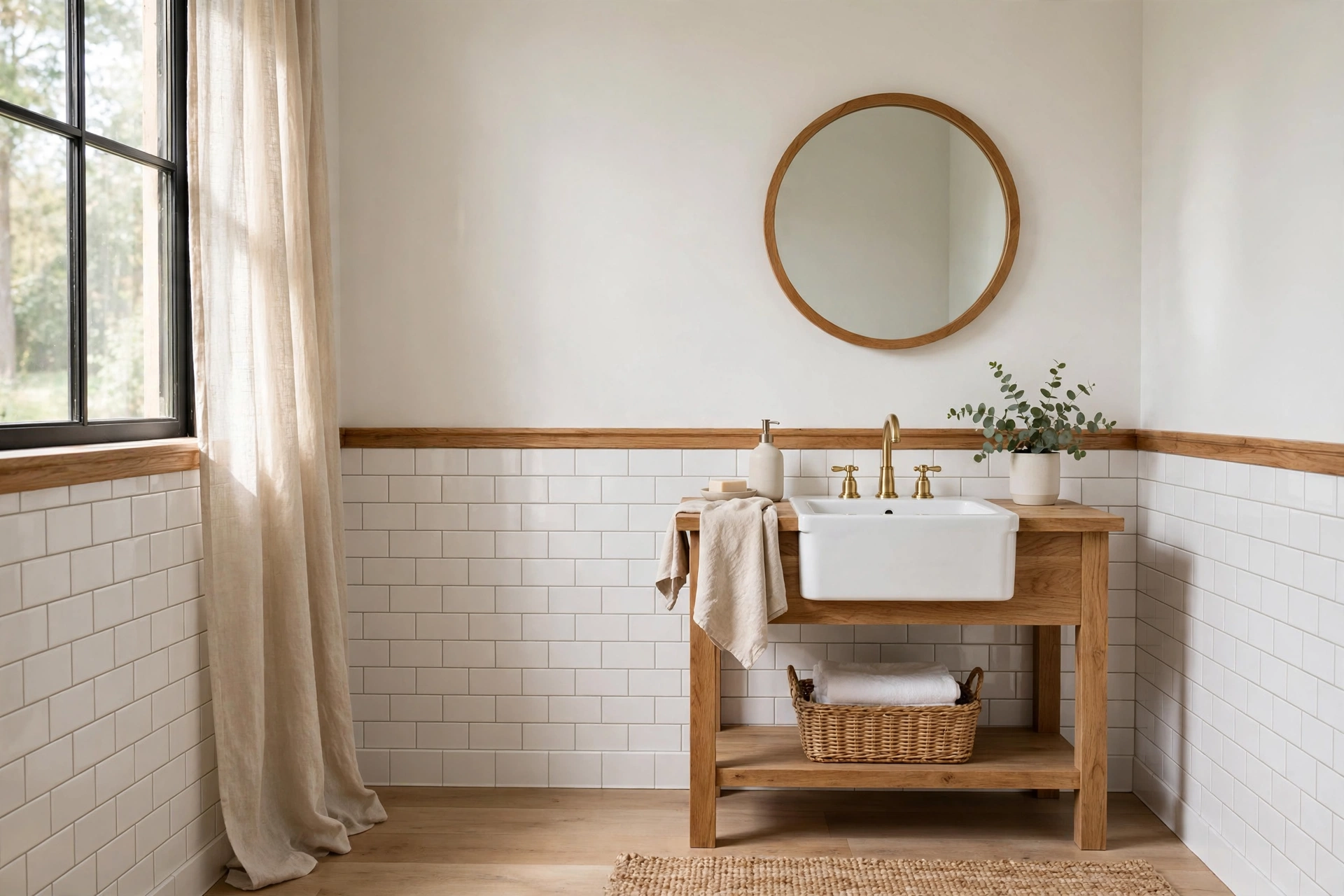 White subway tile wainscot with wood chair rail in a farmhouse bathroom