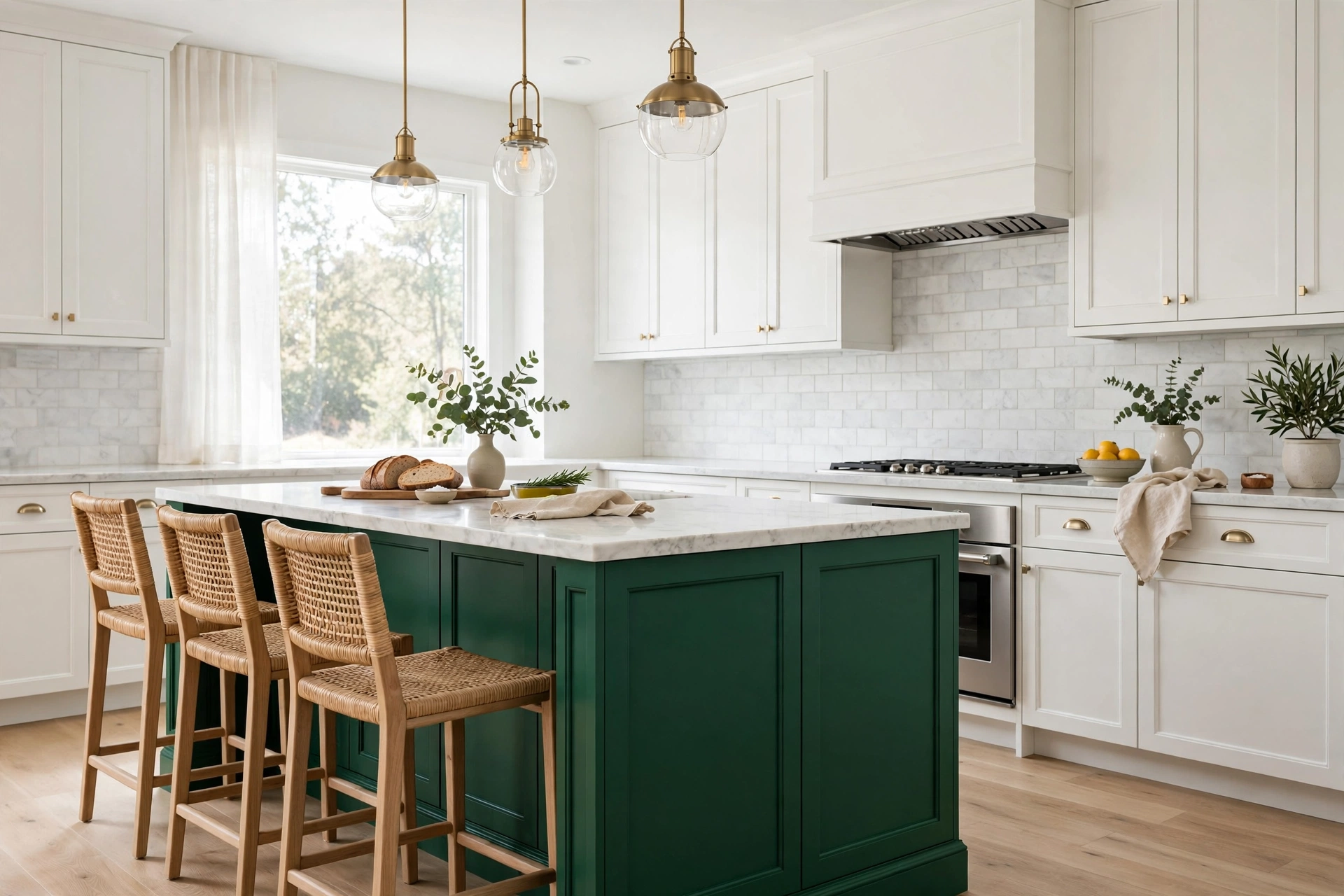 Emerald green island as bold accent in an otherwise neutral white kitchen