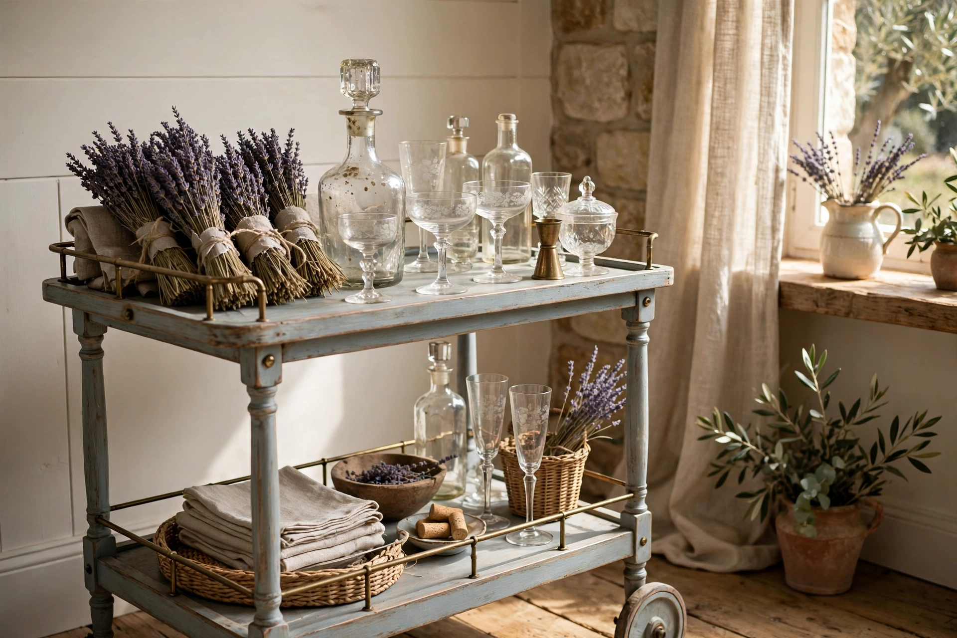 French Country Bar Cart With Lavender Bundles And Antique Glassware